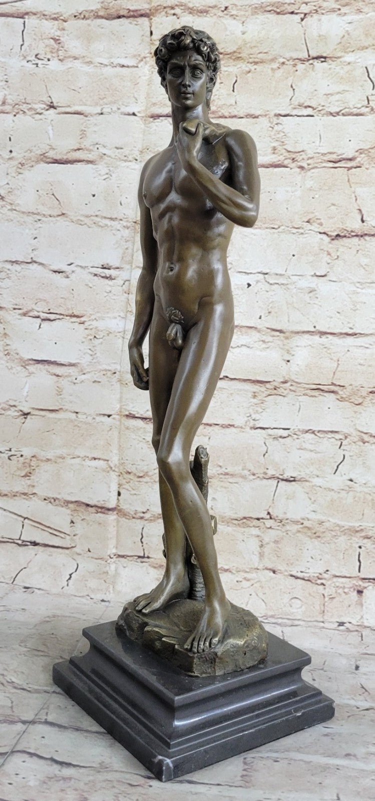 SIGNED BRONZE STATUE NUDE DAVID MYTHOLOGY SCULPTURE ON MARBLE BASE