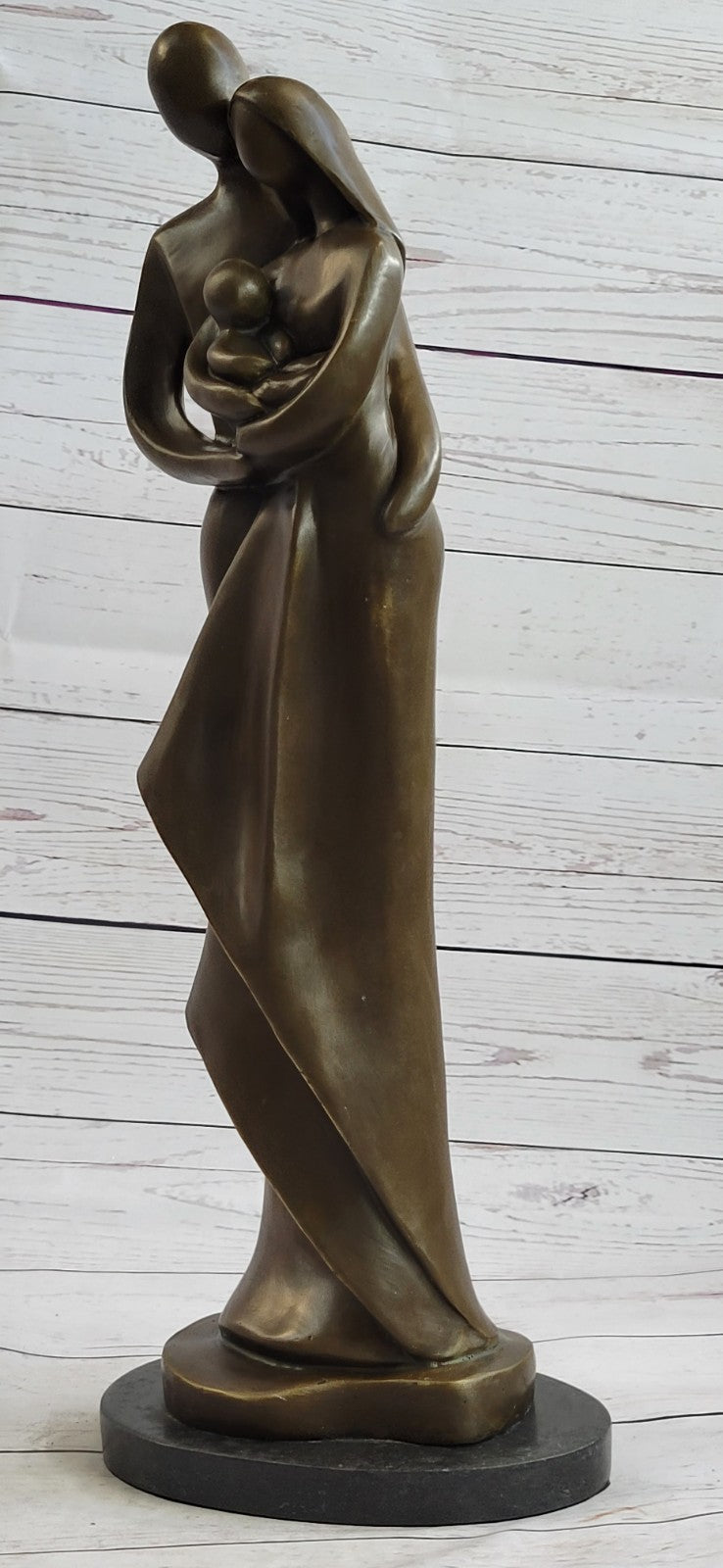 Bronze Sculpture Modern Art Signed Original Male And Female Holding Baby Figurin