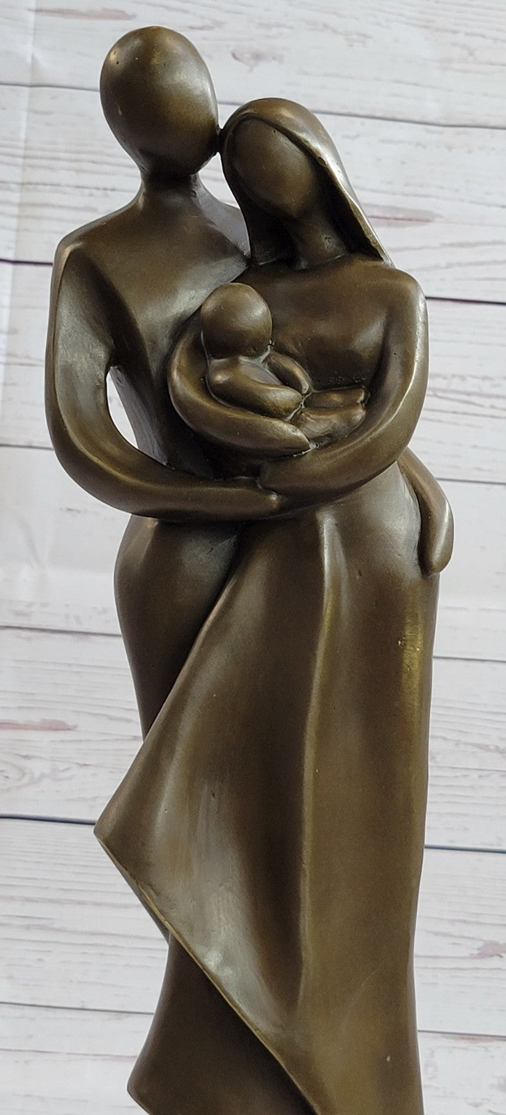 Bronze Sculpture Modern Art Signed Original Male And Female Holding Baby Figurin