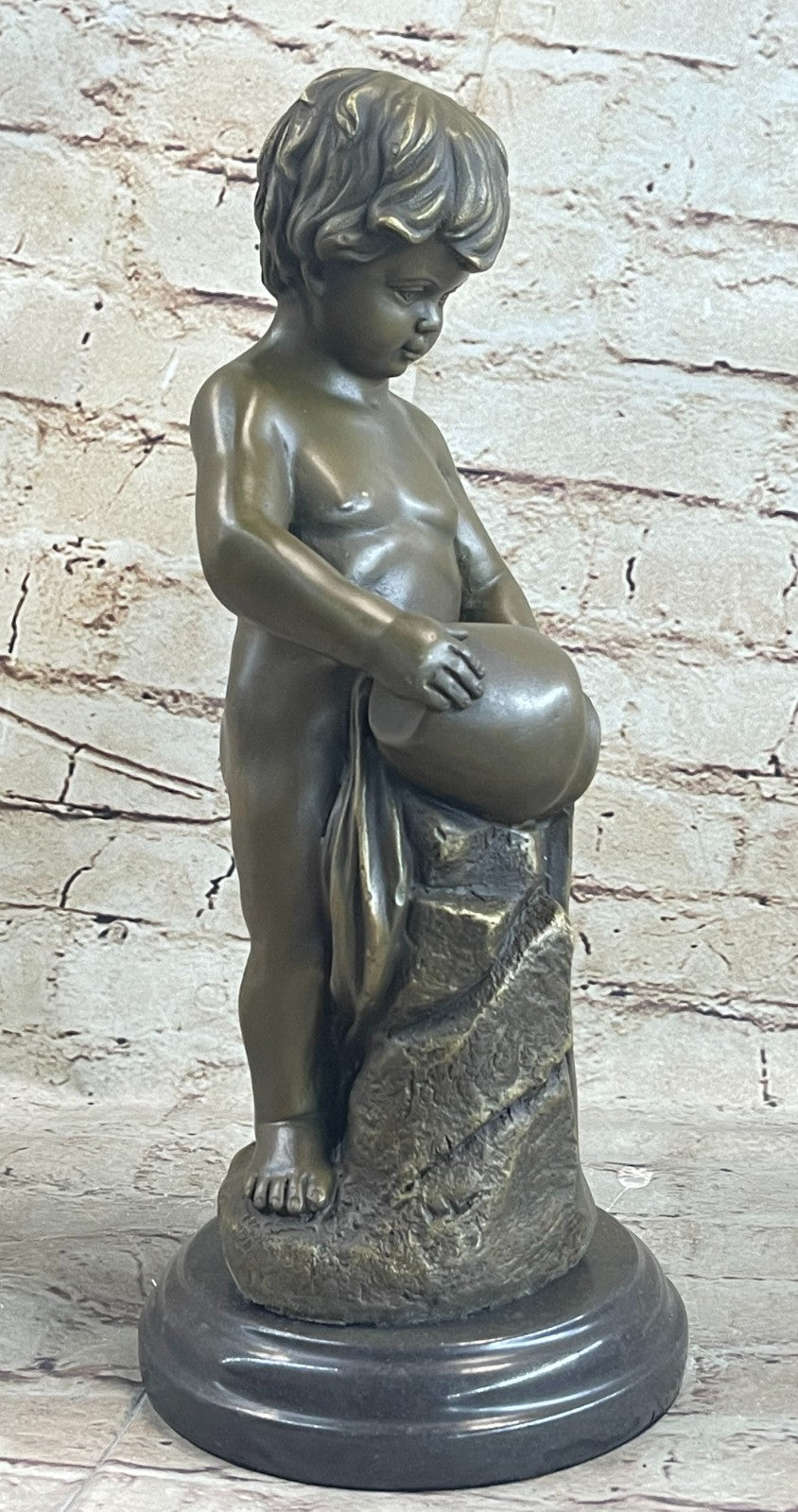 VINTAGE REAL BRONZE EUROPEAN TROPHY STATUE BOY M. FINELY DETAILED NUDE ARTWORK