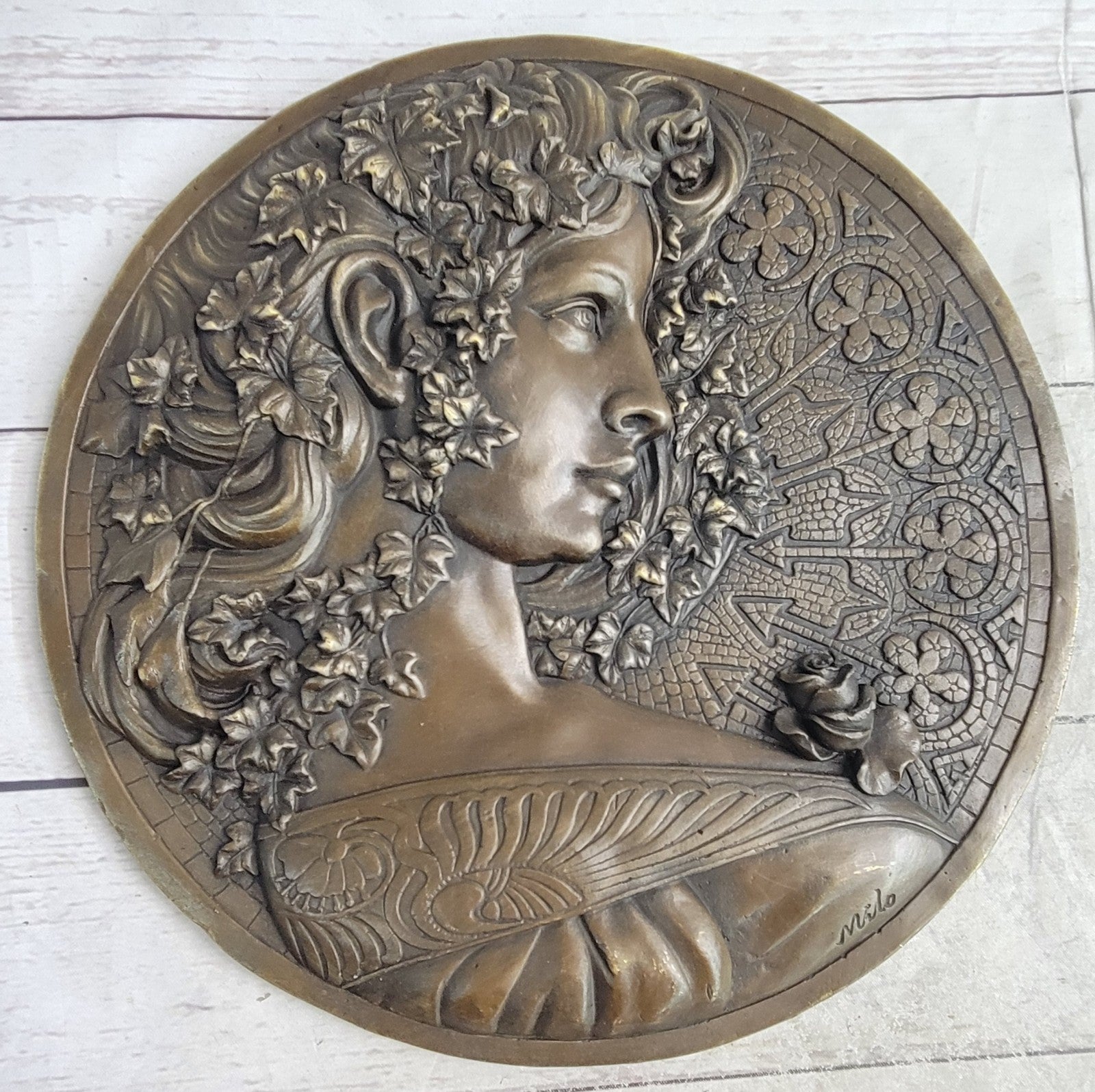 Art Deco Royal Goddess Bas Relief Wall Mount Bronze Sculpture Figurine