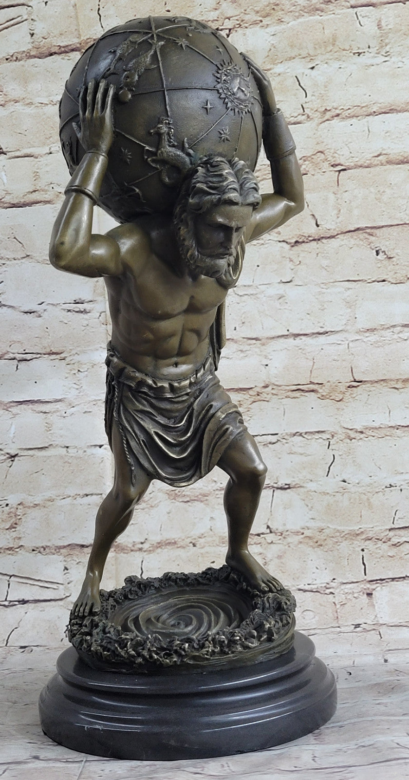 Beautiful Male Atlas Holding the World Bronze Sculpture Marble Base Figurine Decor