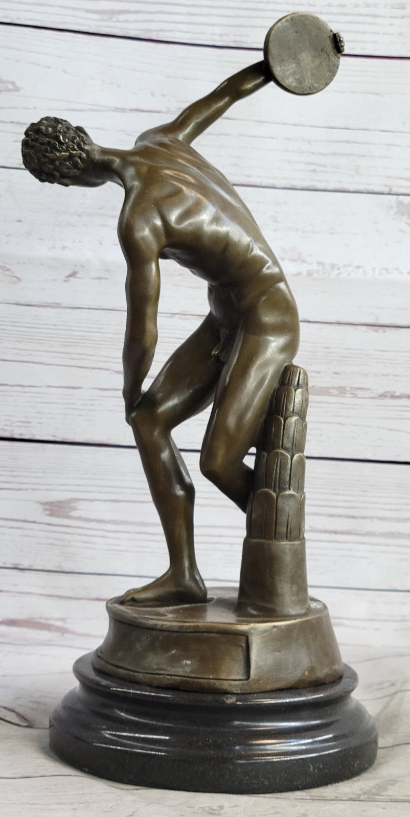 Discus Thrower Grand Tour Bronze Statue On Black Marble Base European Artwork