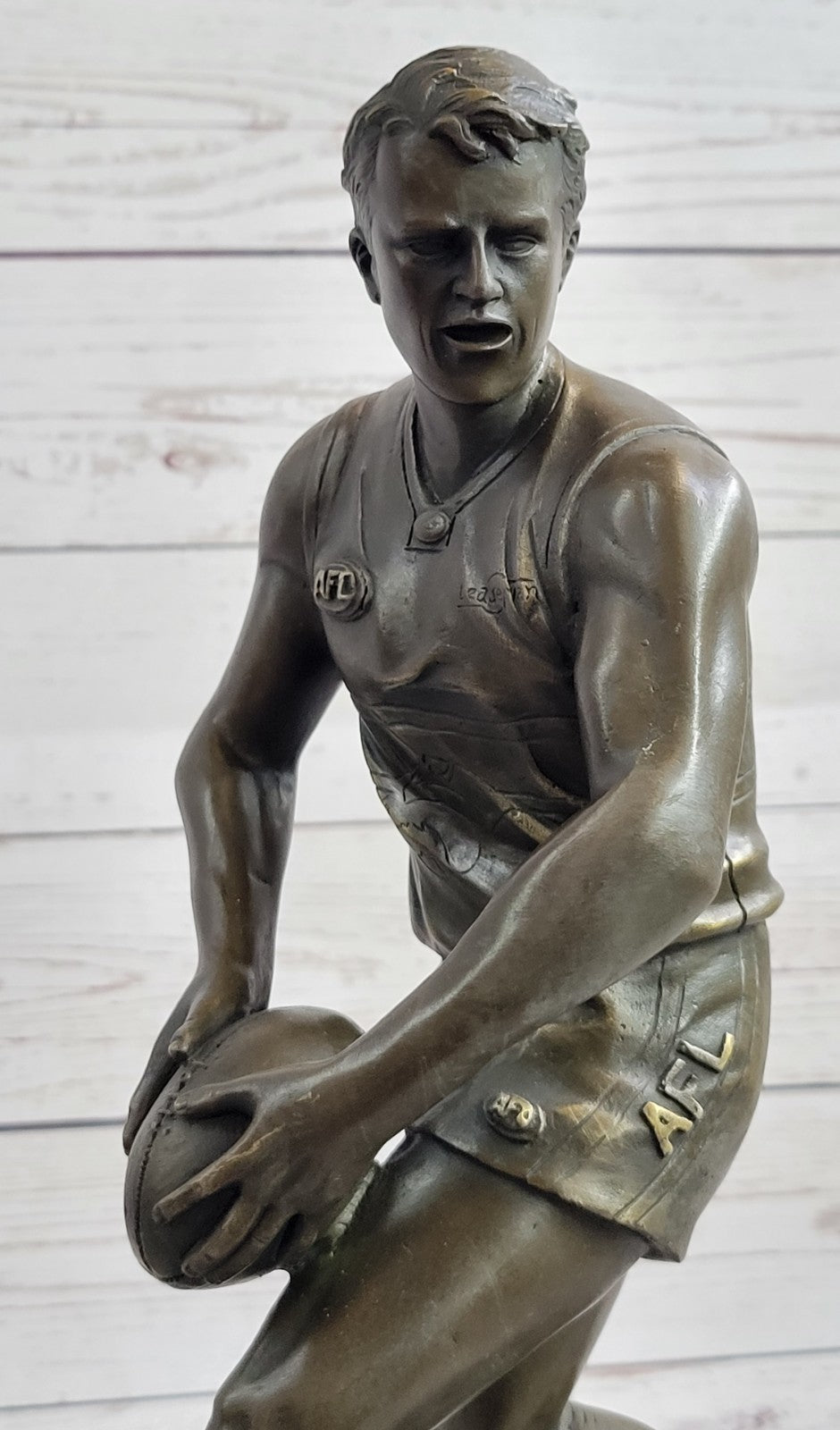 Art Deco 100% Bronze Marble Sculpture Statue Figure Rugby Football Player Decor