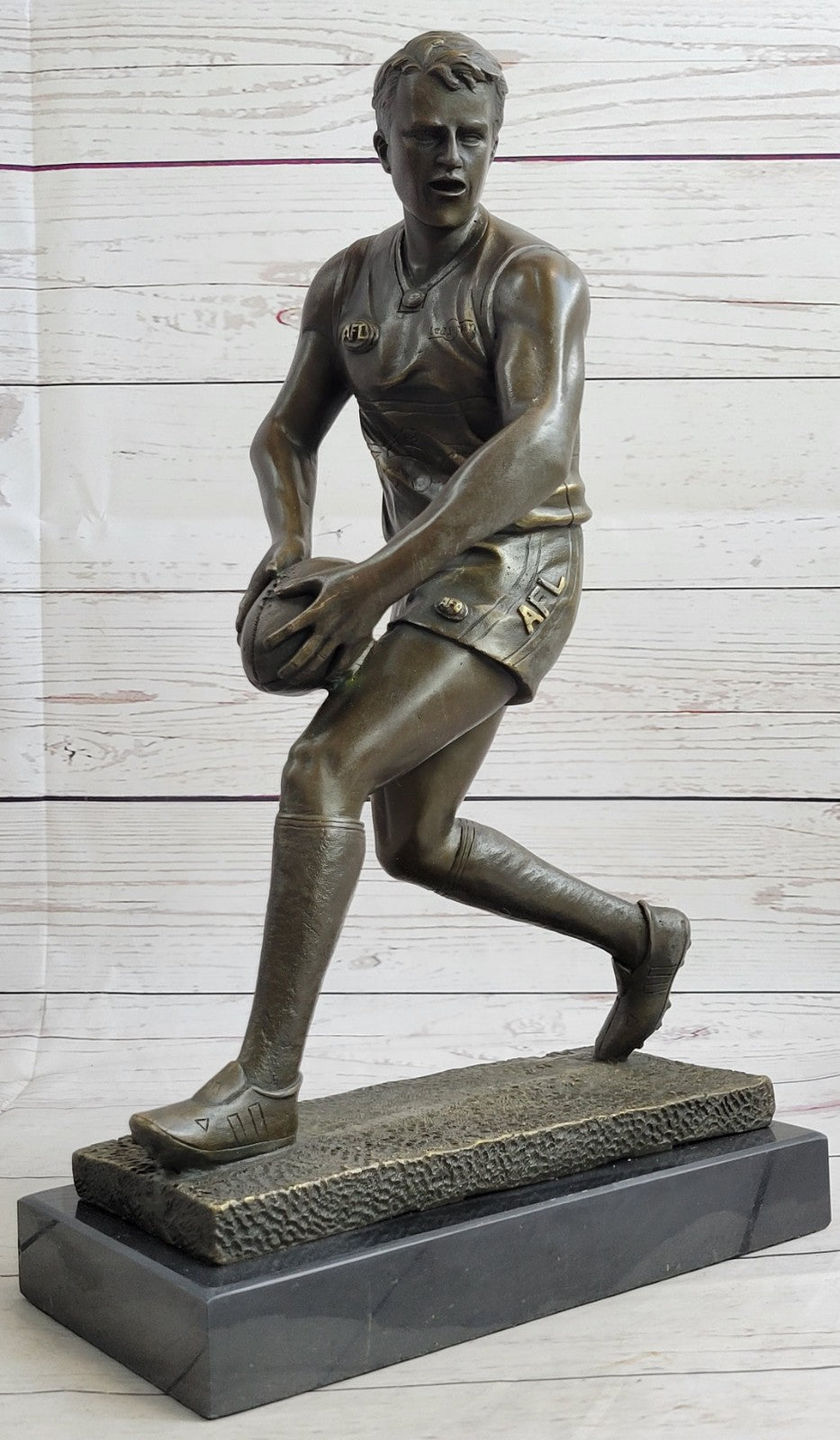 Art Deco 100% Bronze Marble Sculpture Statue Figure Rugby Football Player Decor