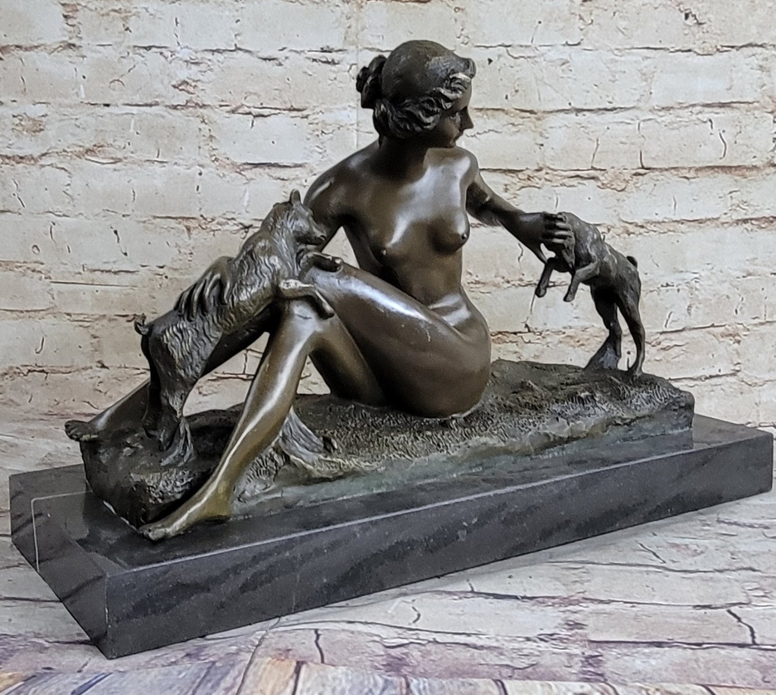 Wonderful French bronze lady Sitting with 2 Goats Sculpture Marble Base Vitaleh