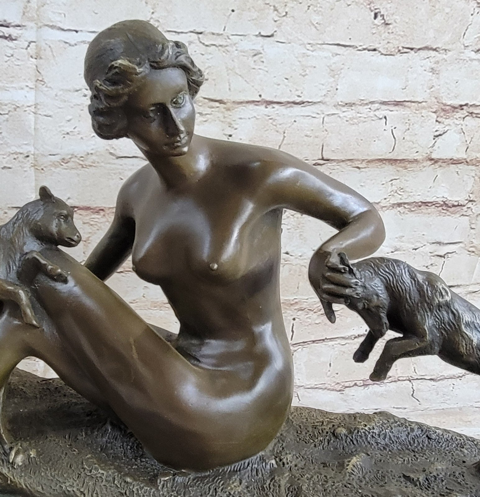 Wonderful French bronze lady Sitting with 2 Goats Sculpture Marble Base Vitaleh