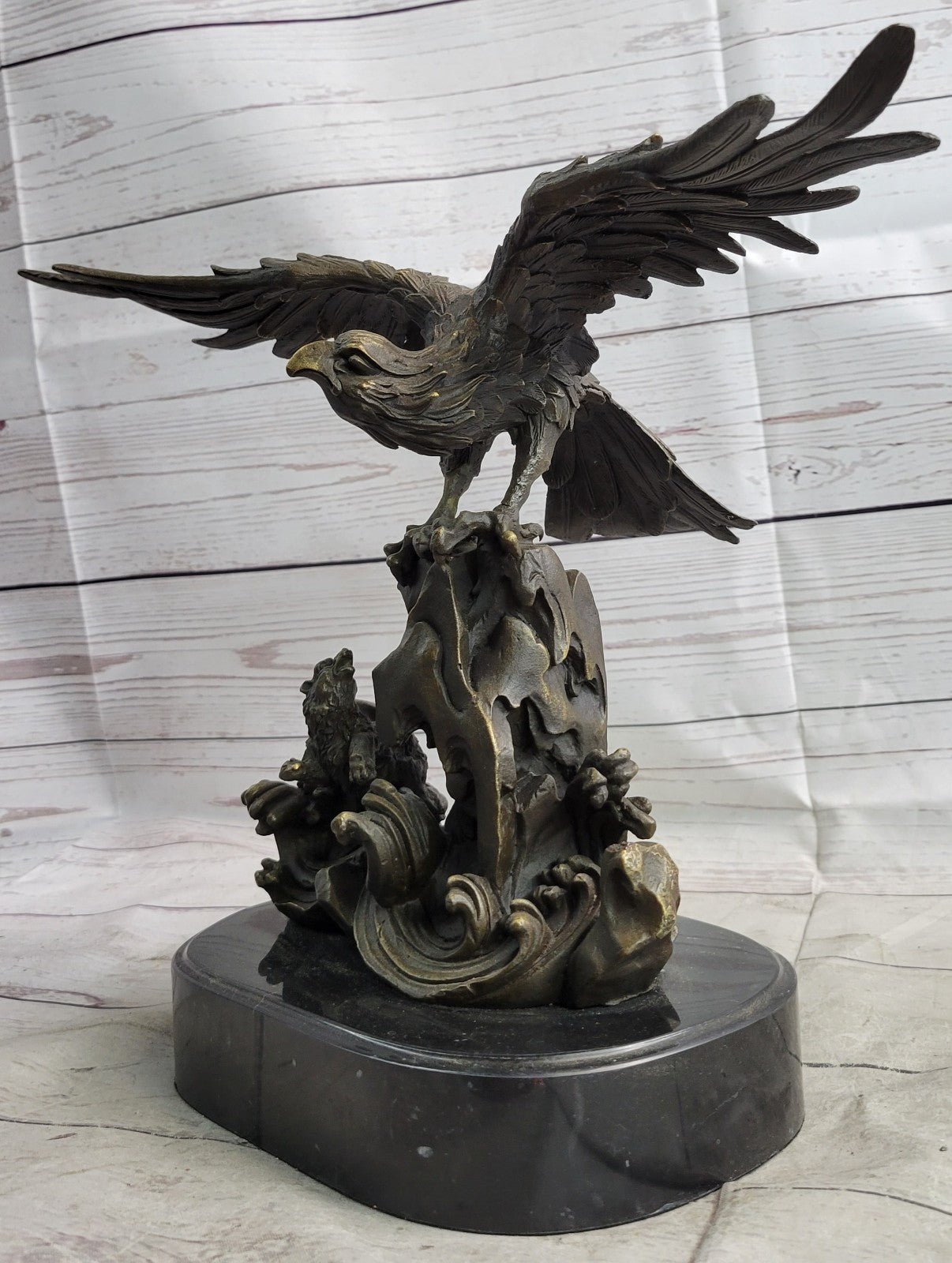 Flying Eagle Hawk Bird Eagle Spread wing Fighting Bronze Sculpture, Signed:Milo