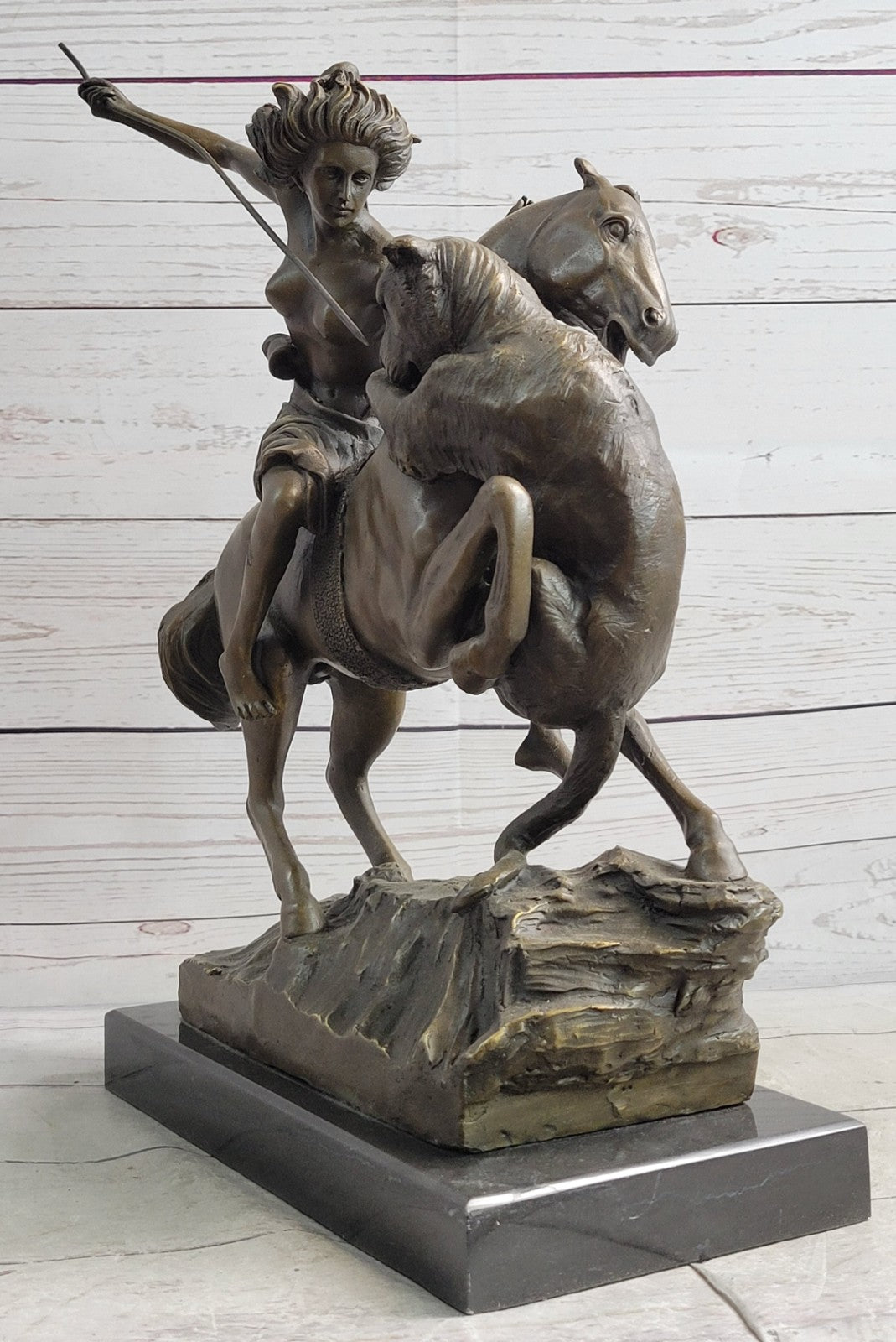 Handcrafted Detailed Nude Warrior Girl On Horse Bronze Sculpture Marble Statue