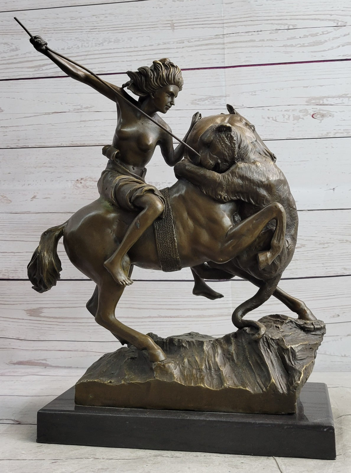 Handcrafted Detailed Nude Warrior Girl On Horse Bronze Sculpture Marble Statue