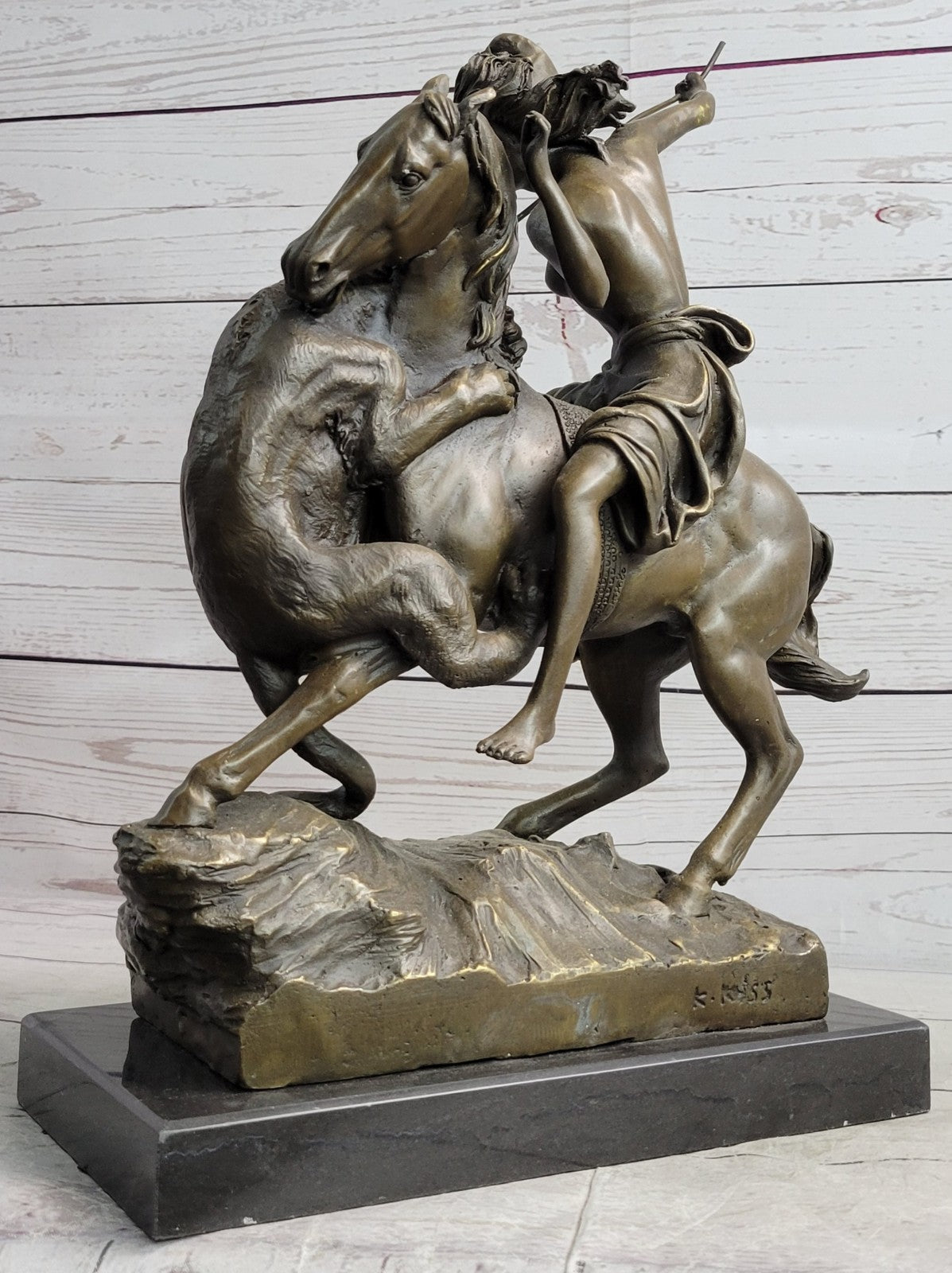 Handcrafted Detailed Nude Warrior Girl On Horse Bronze Sculpture Marble Statue