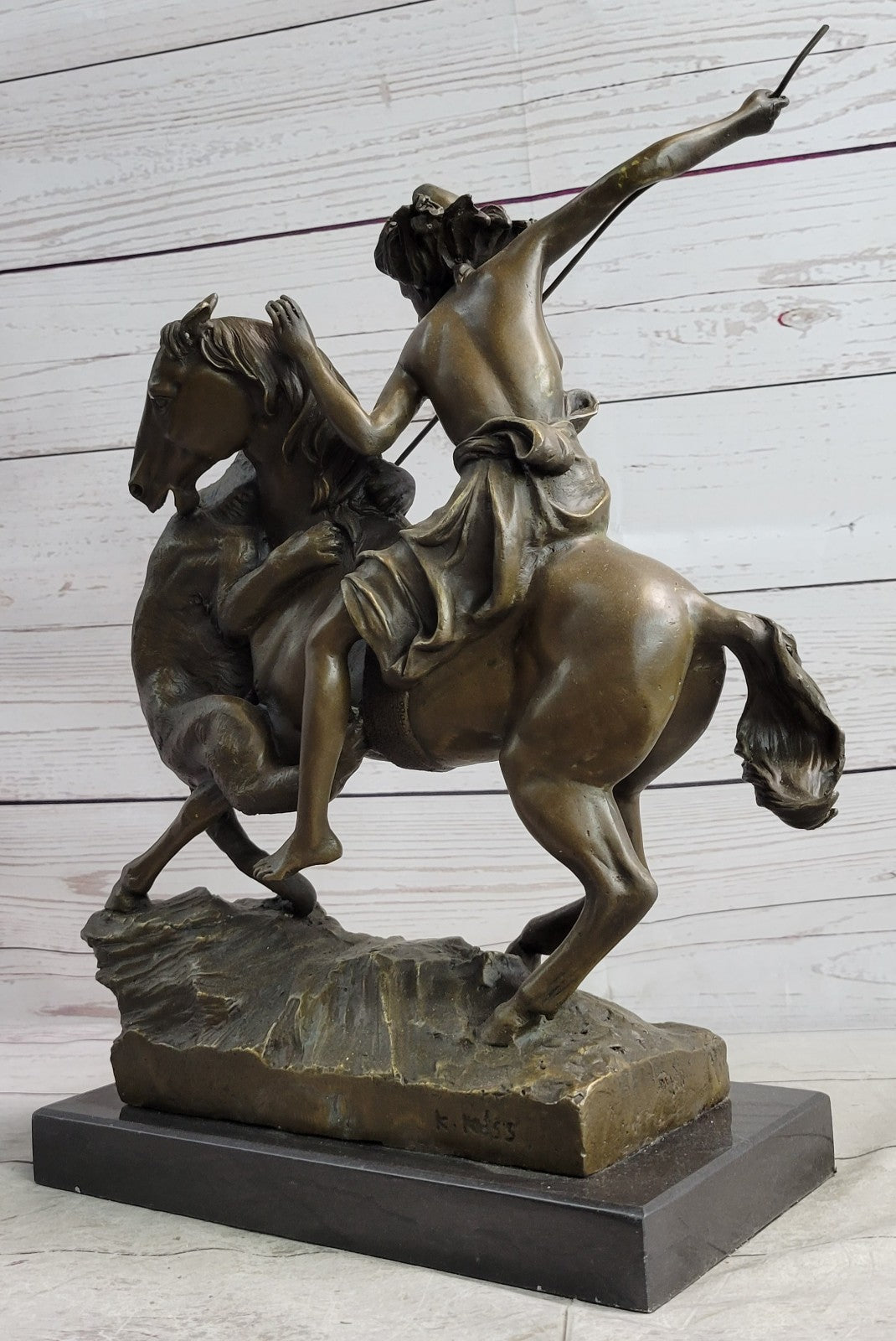 Handcrafted Detailed Nude Warrior Girl On Horse Bronze Sculpture Marble Statue