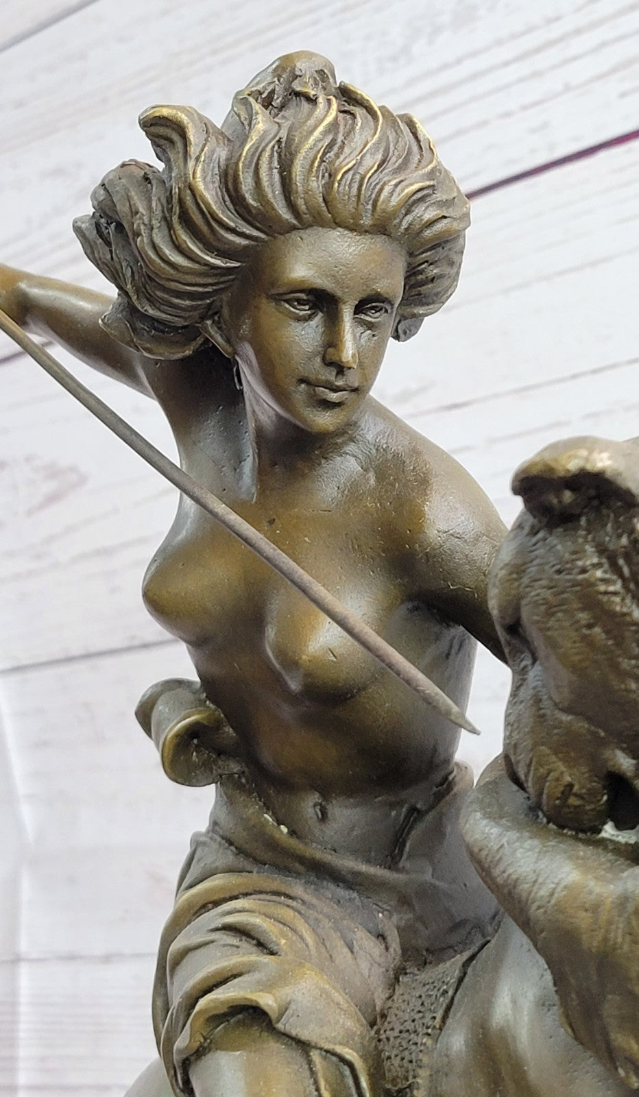 Handcrafted Detailed Nude Warrior Girl On Horse Bronze Sculpture Marble Statue