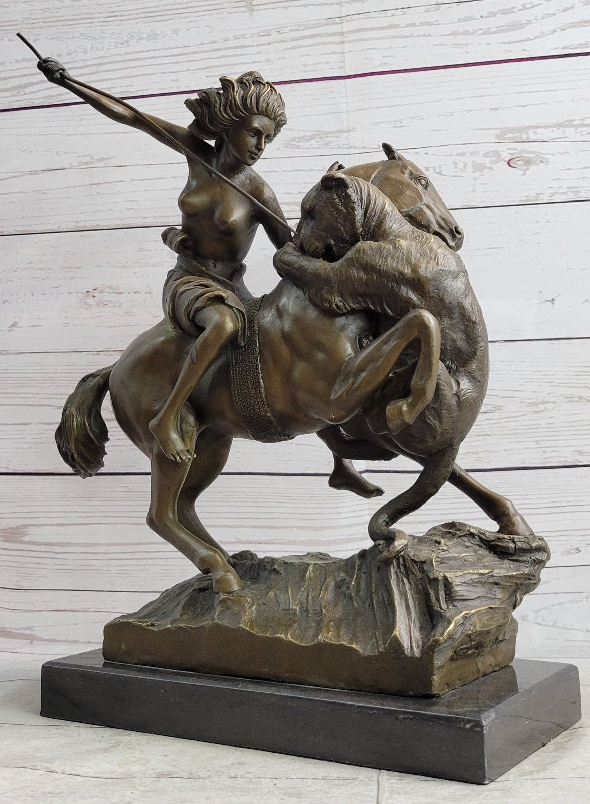 Handcrafted Detailed Nude Warrior Girl On Horse Bronze Sculpture Marble Statue