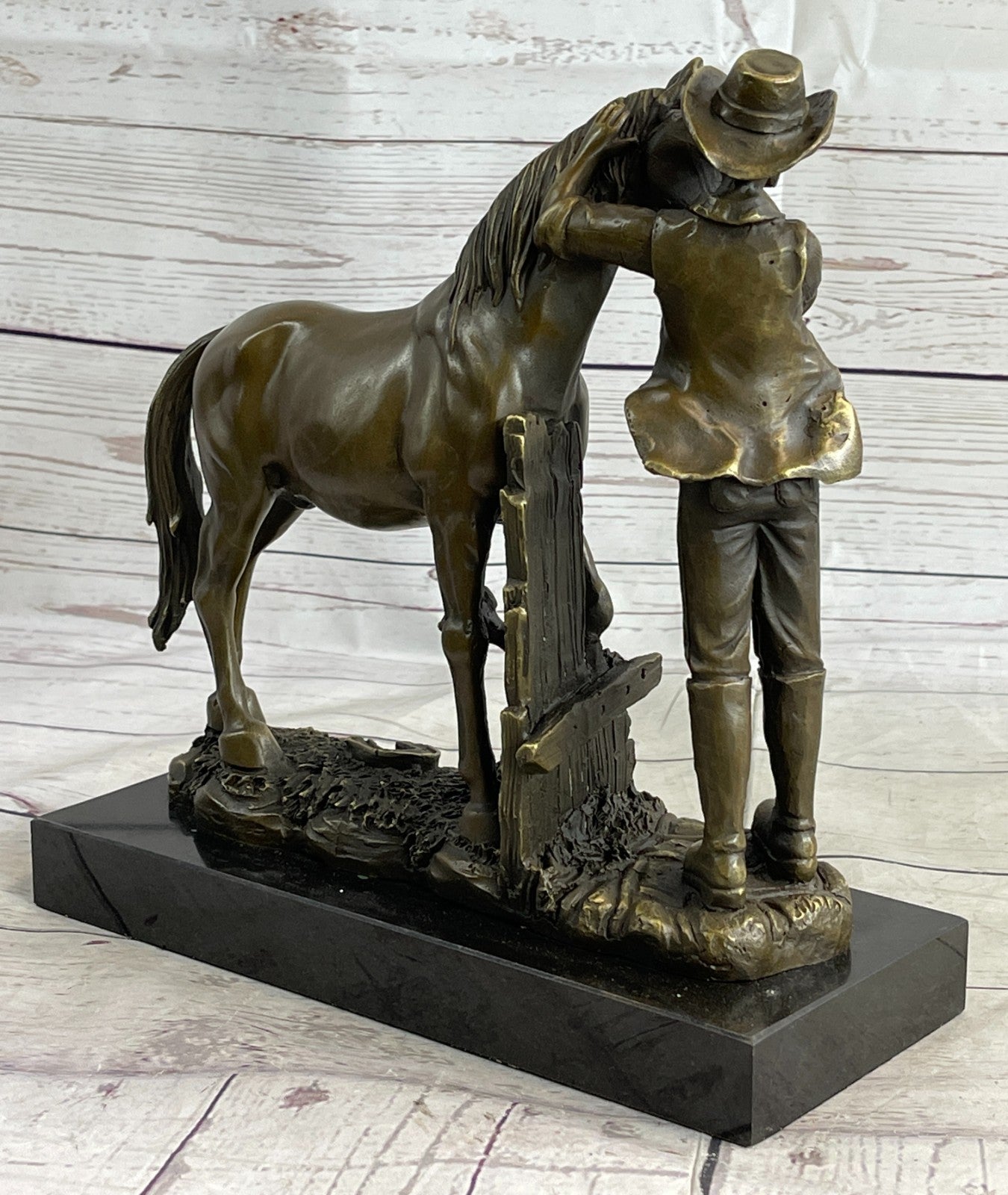 Real Bronze Cowboy Stallion Horse Sculpture Signed Western Artwork Figurine