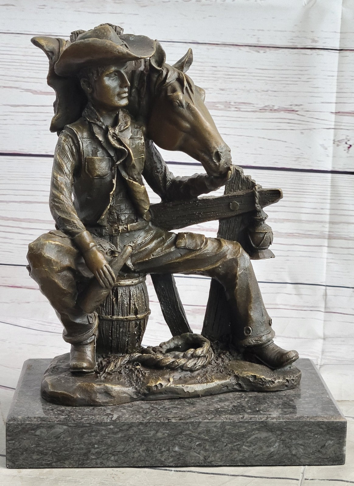 Fisher Large Bronze Sculpture Parting In Way Signed Horse Cowboy Western Artwork