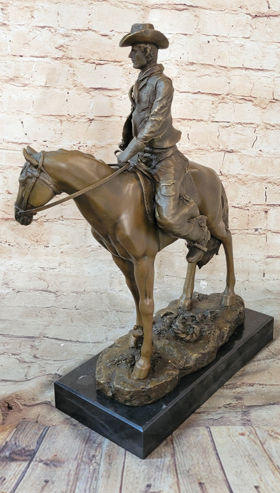 The Cowboy," Hot Cast, American Classic, Bronze On Marble Base Sculpture Figur