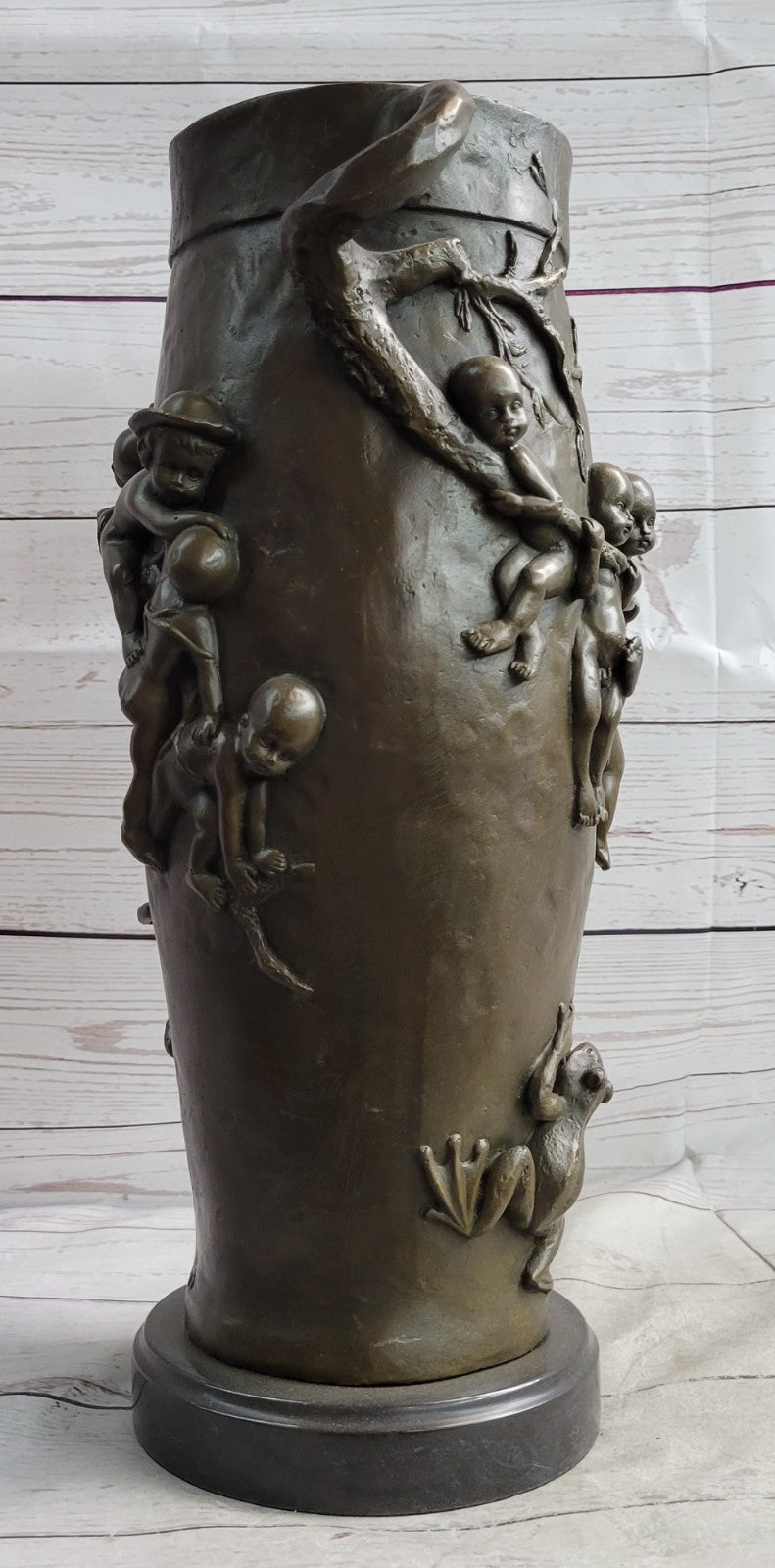 Handcrafted Detailed Museum Quality Baby Boy And Girls Frog Bronze Sculpture