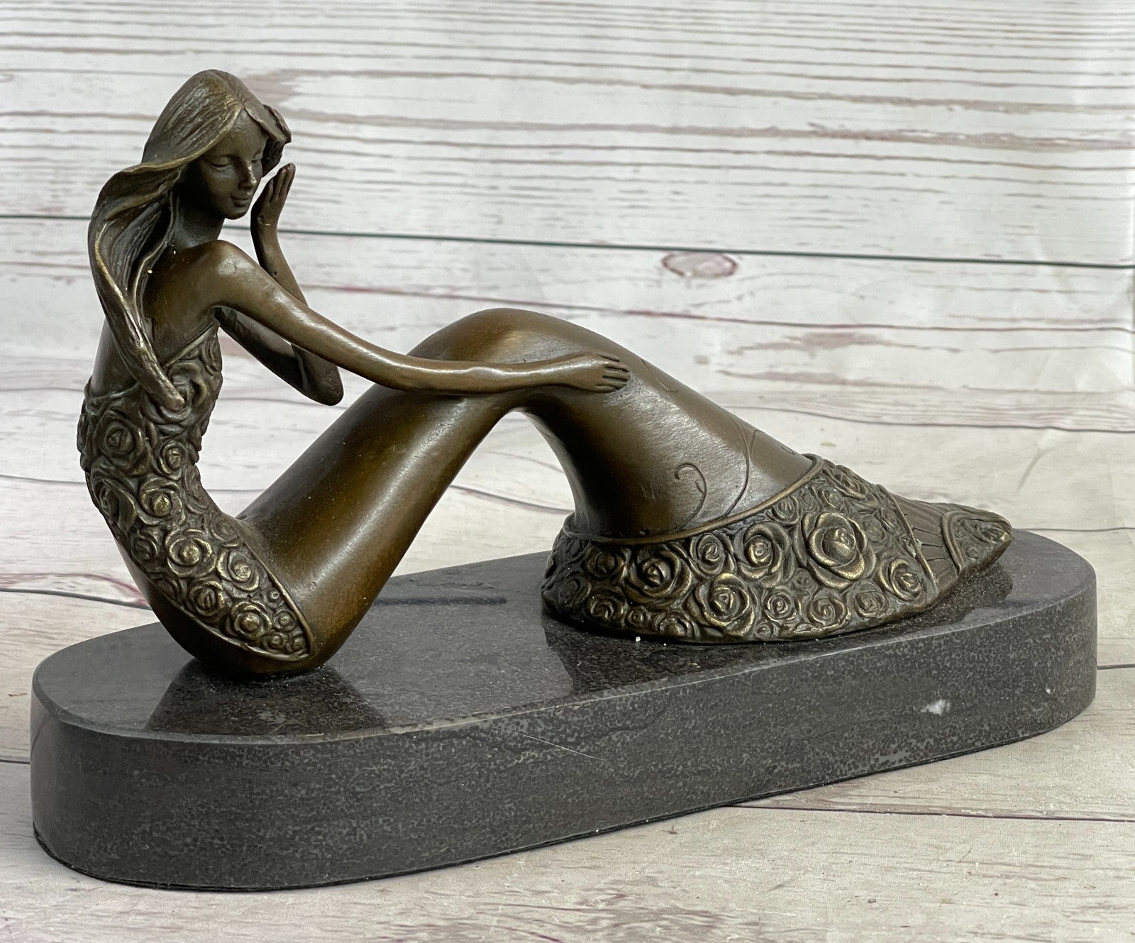 Mermaid Daydreaming Thinking Decorative Statue. 100% Pure Bronze Hand-Painted