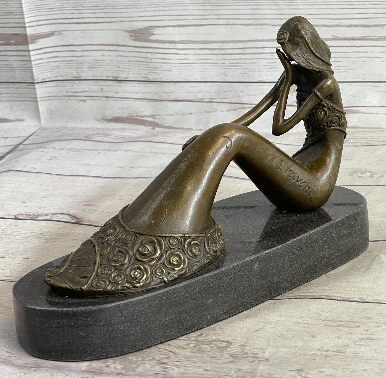 Mermaid Daydreaming Thinking Decorative Statue. 100% Pure Bronze Hand-Painted