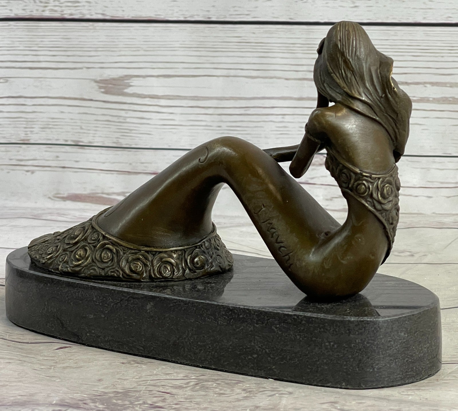 Mermaid Daydreaming Thinking Decorative Statue. 100% Pure Bronze Hand-Painted