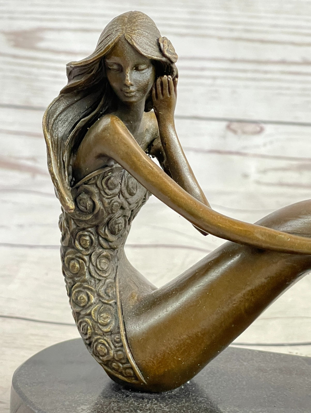 Mermaid Daydreaming Thinking Decorative Statue. 100% Pure Bronze Hand-Painted