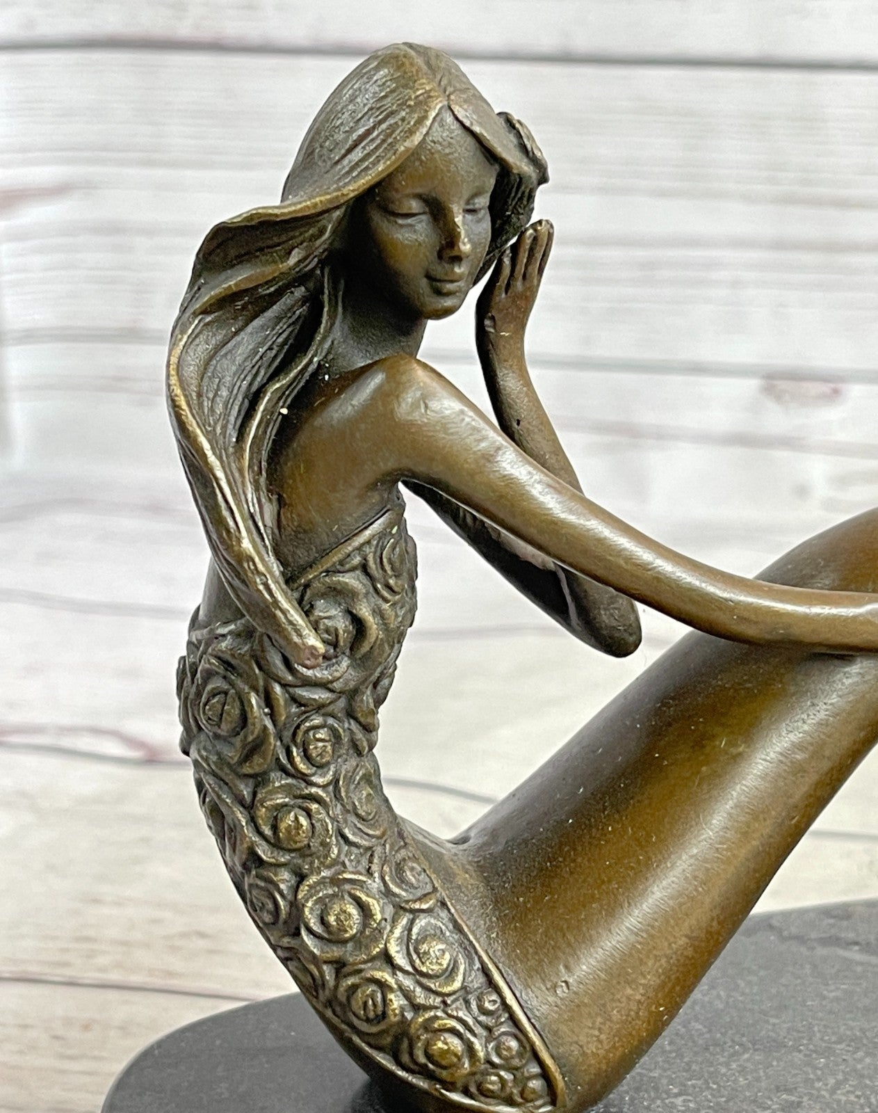 Mermaid Daydreaming Thinking Decorative Statue. 100% Pure Bronze Hand-Painted