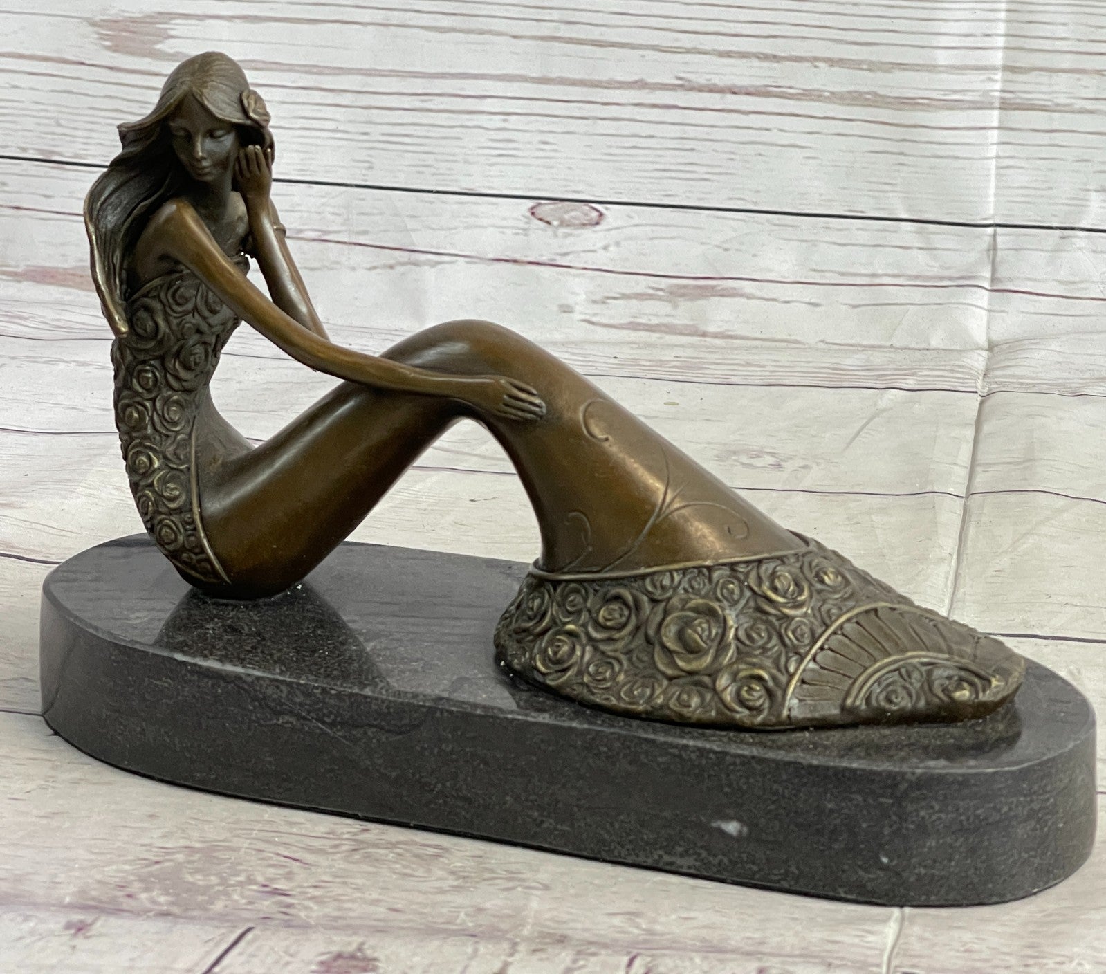 Mermaid Daydreaming Thinking Decorative Statue. 100% Pure Bronze Hand-Painted