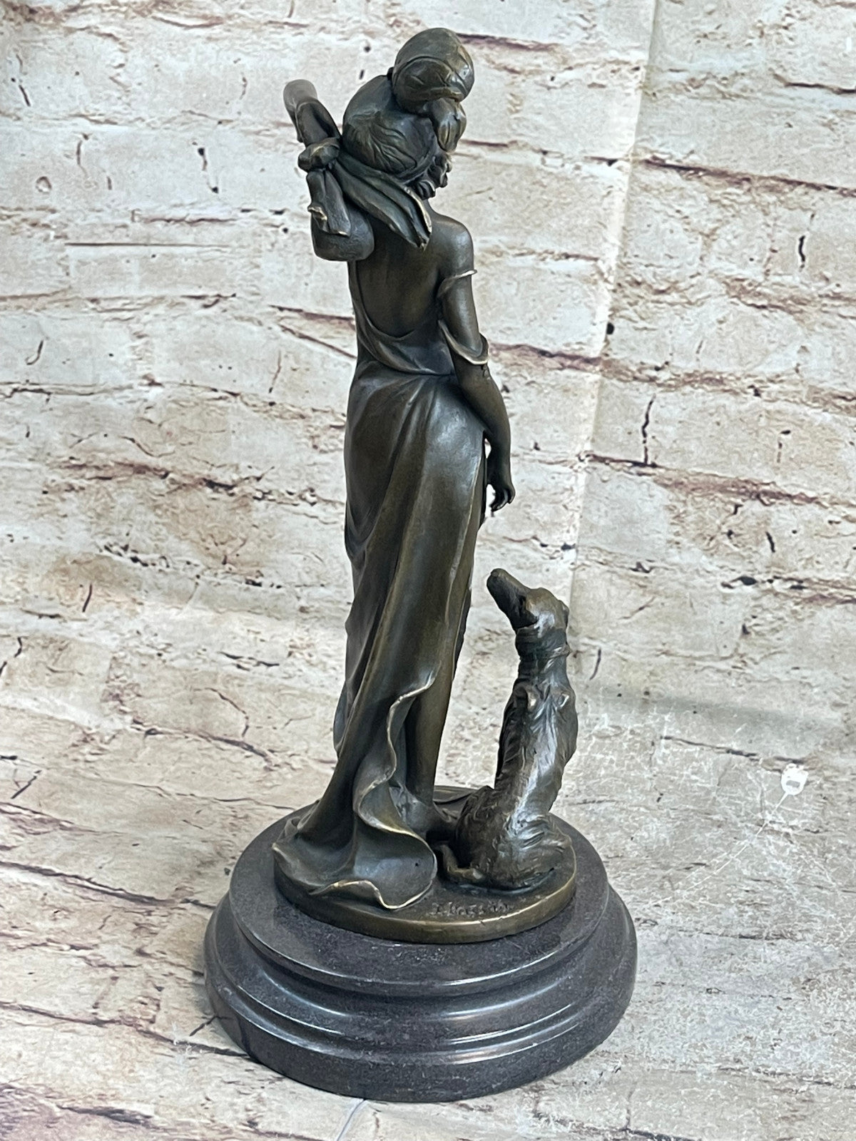 RARE SIGNED LADY W/ DOG BRONZE STATUE FIGURINE ART DECO SCULPTURE FIGURE PIECE