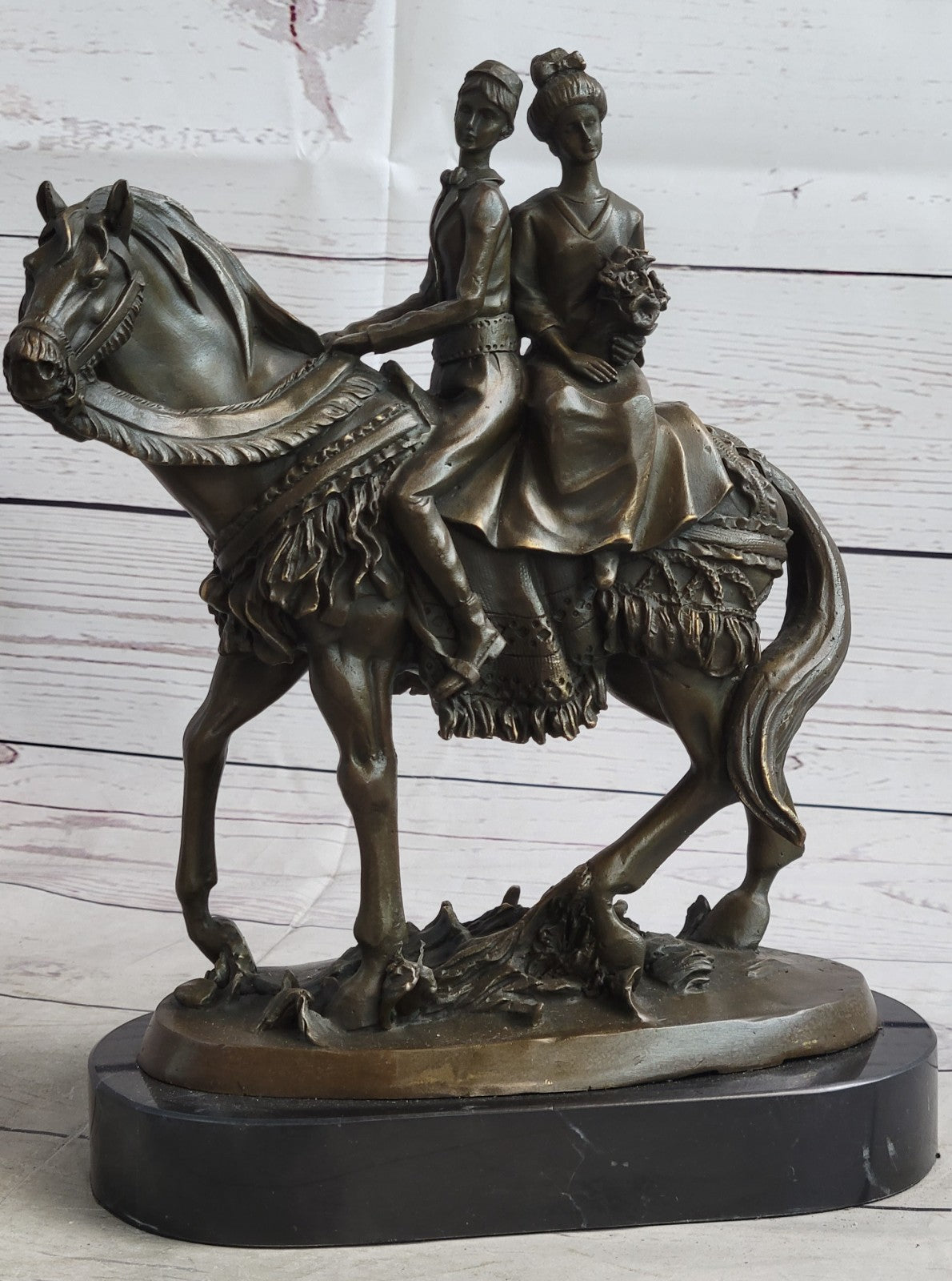 Treasured Keepsake: Handcrafted Bronze Sculpture  Bride & Groom on Horse Collectible