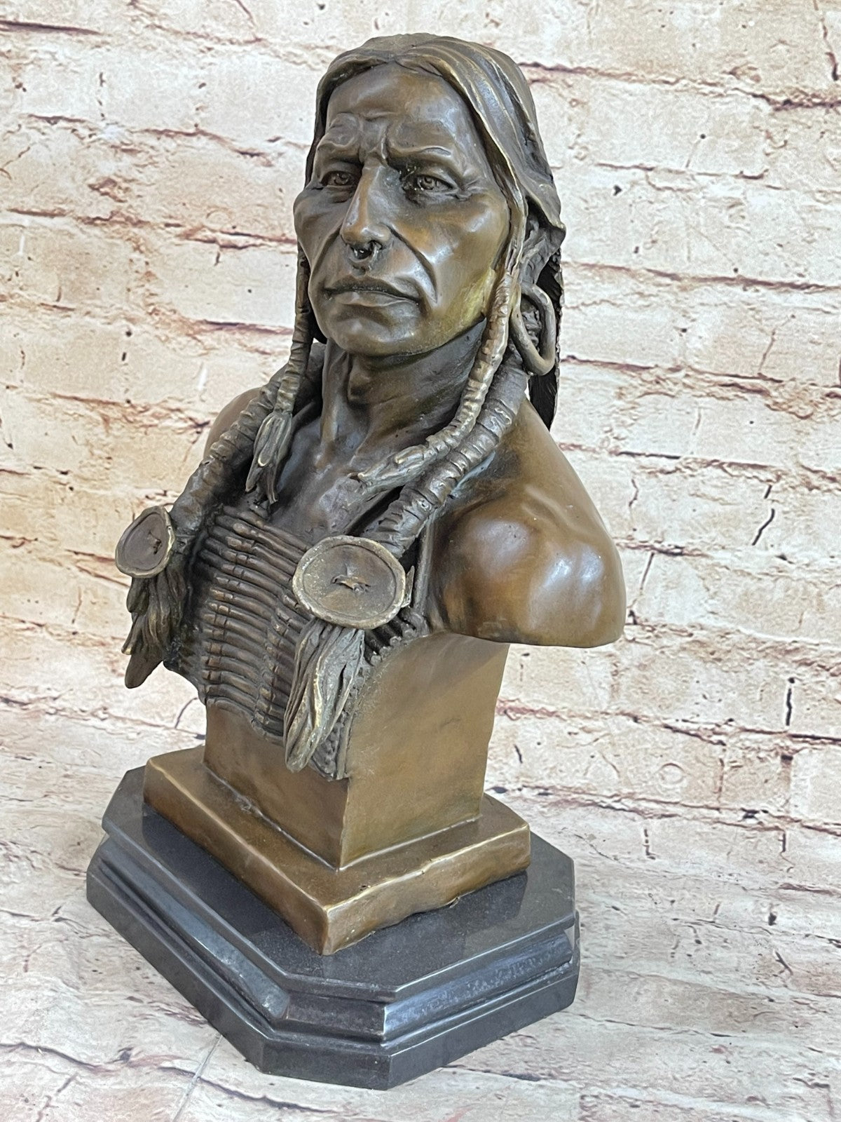 Native American Indian Warrior Chief Bronze Bust Sculpture Statue Figu