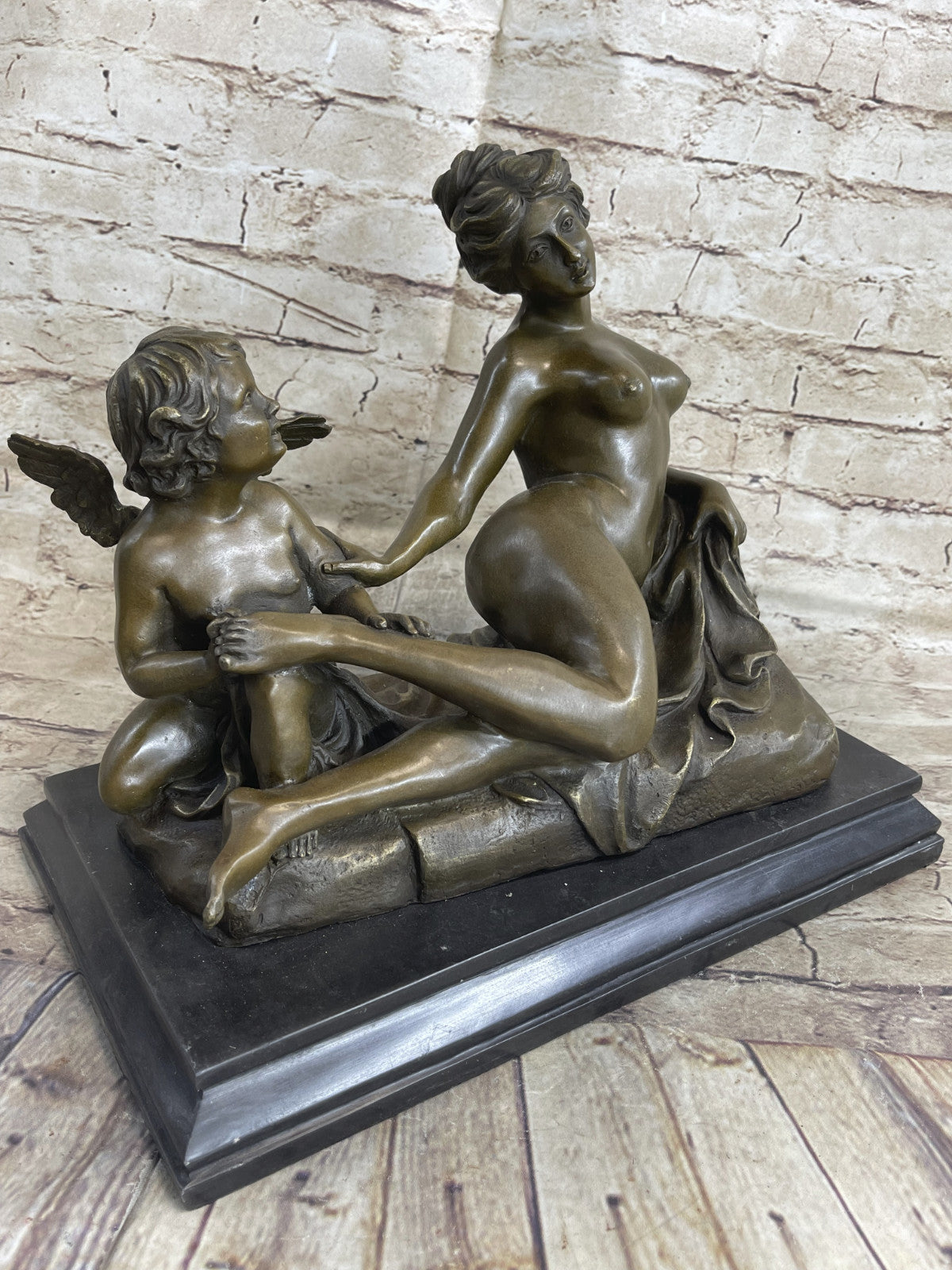 Elegant Bronze Sculpture Greek Goddess Nude Aphrodite Cupid Hand Made