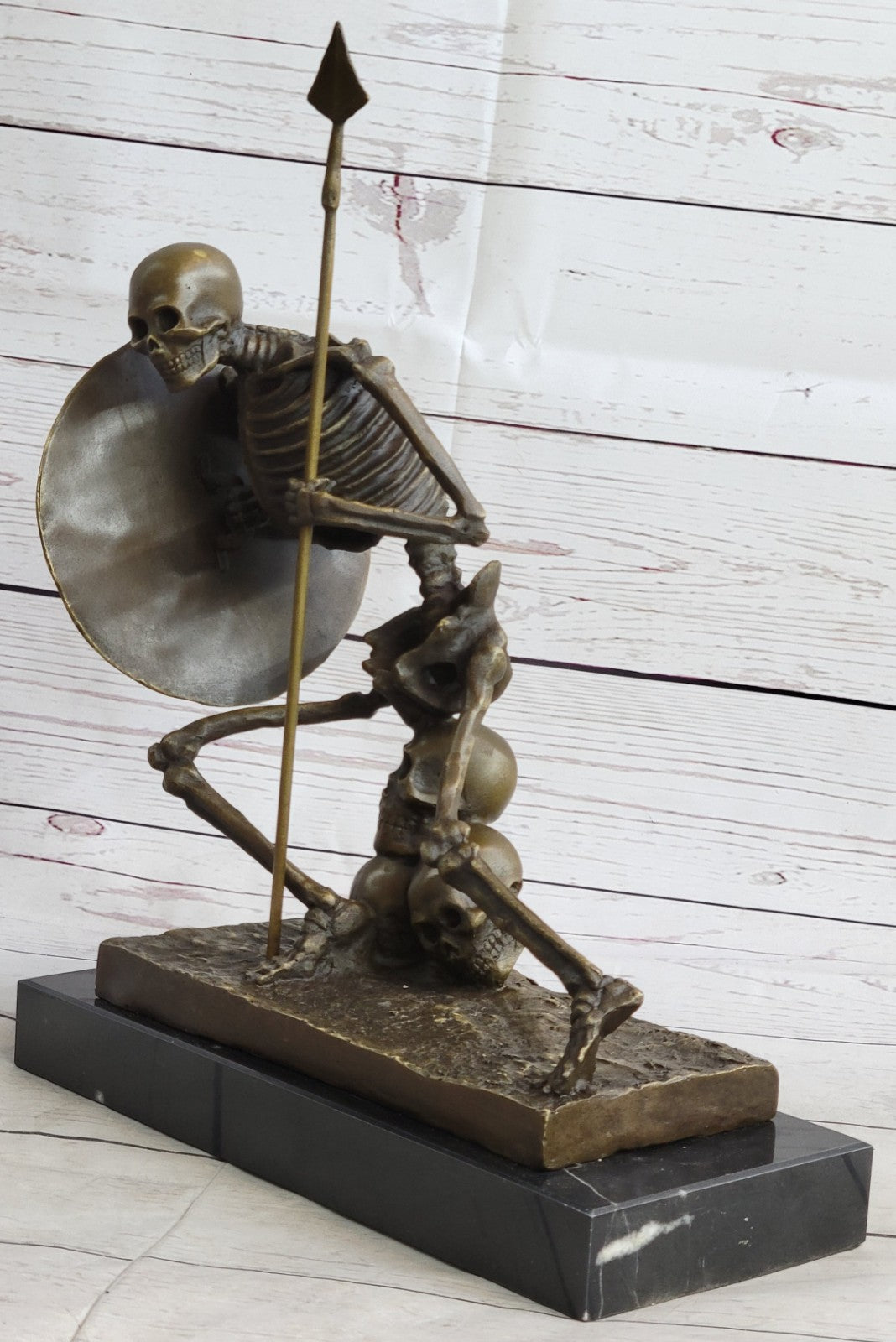 European Design Bronze Statuettes - Skull Skeleton Warrior Bookend Book End Stat