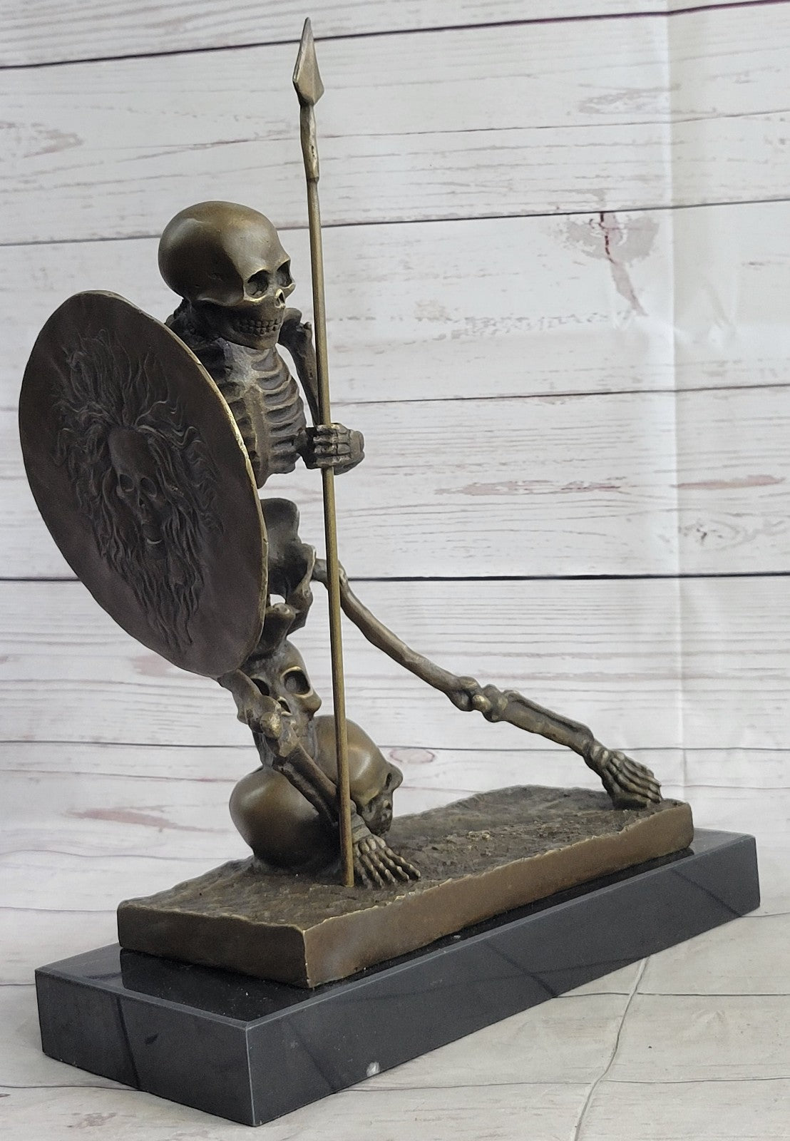 European Design Bronze Statuettes - Skull Skeleton Warrior Bookend Book End Stat