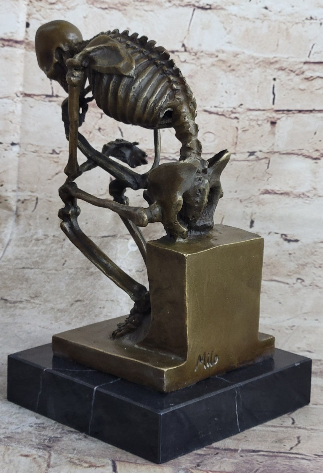 Signed: Milo Bronze Statue Skull Skeleton thinker sculpture Hot Cast Figurine