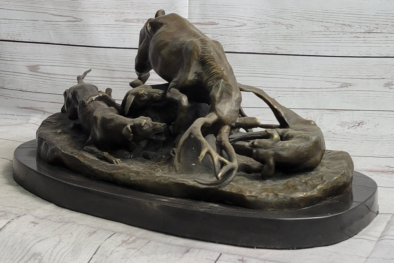 Art Deco Hand Made Confrontation between stag and Dogs Bronze Sculpture Figurine