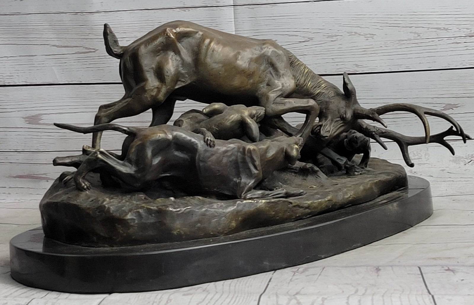 Art Deco Hand Made Confrontation between stag and Dogs Bronze Sculpture Figurine