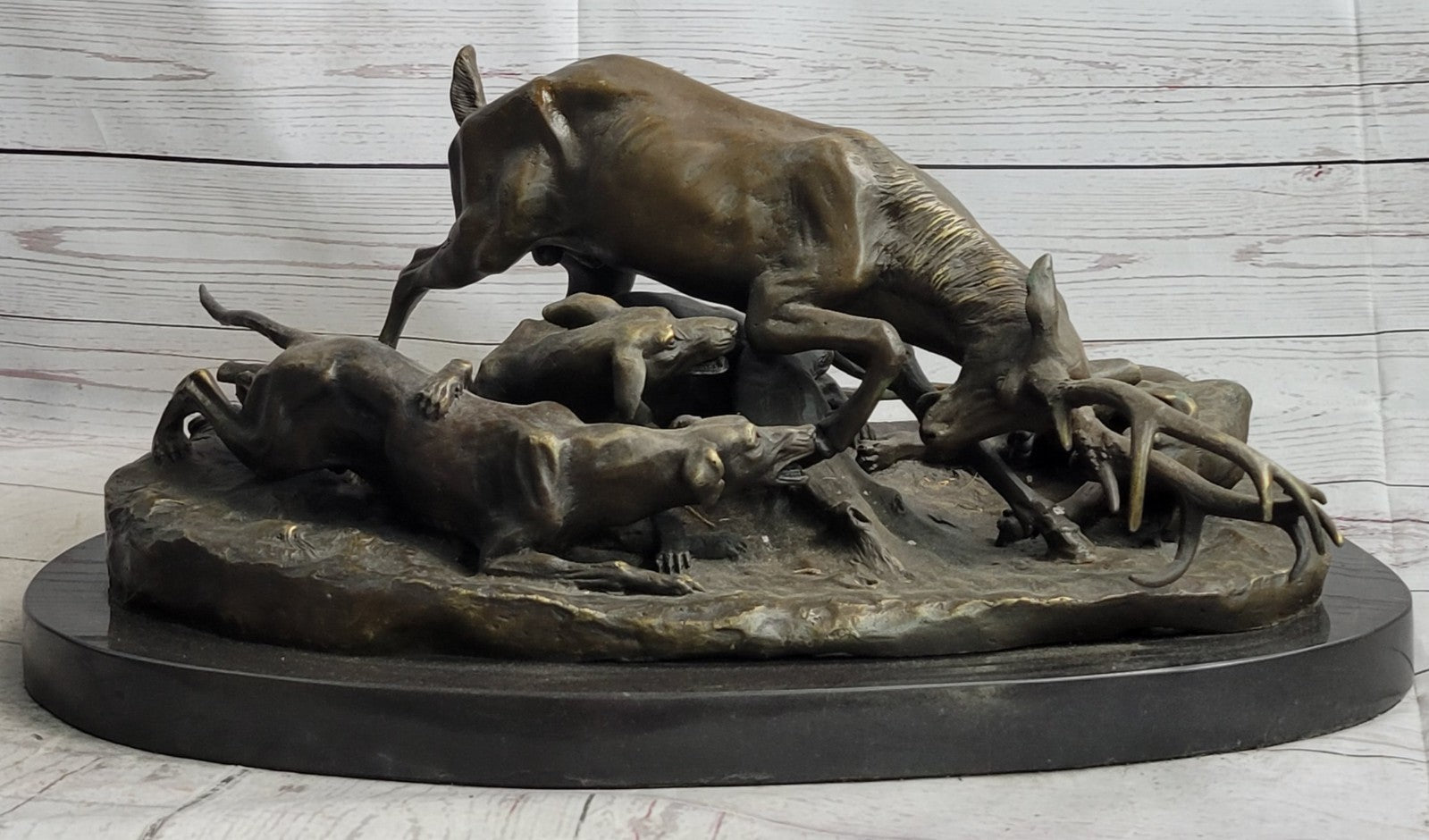 Art Deco Hand Made Confrontation between stag and Dogs Bronze Sculpture Figurine