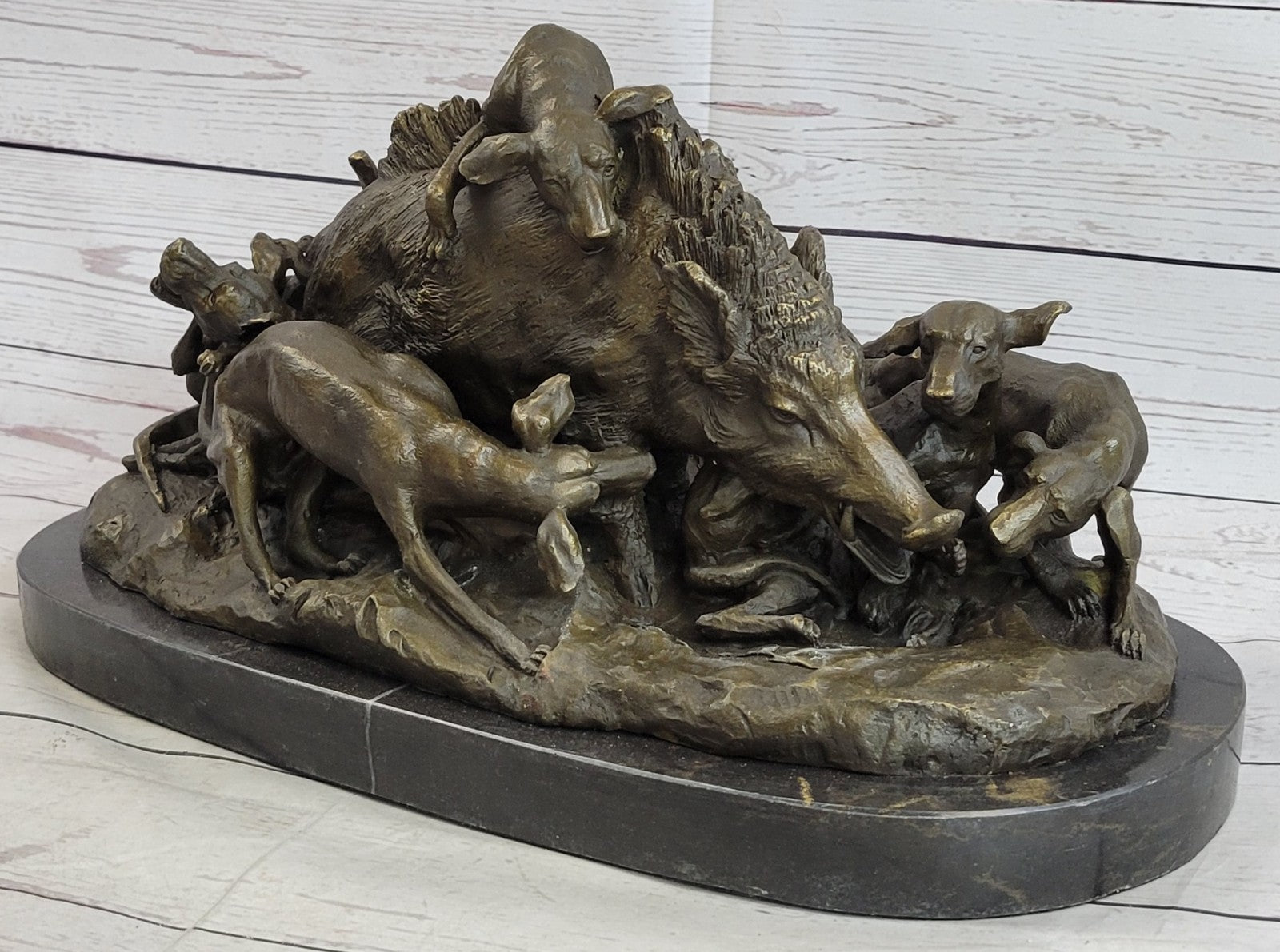 17.5" Signed ART Statue Bronze Marble wild boar Wild Pig & hunting dog WAR