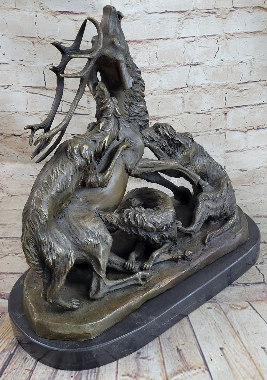 Signed Barye Elk Stag is Attacked by Pack of Wild Dogs Bronze Sculptur