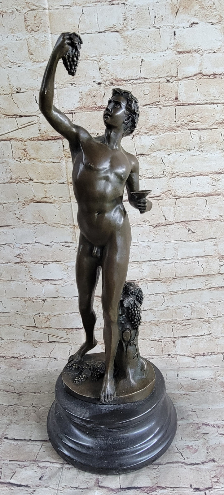 Lost Wax Bronze Nude Bacchus Dionysus Female Grapes Statue Sculpture Greek Art