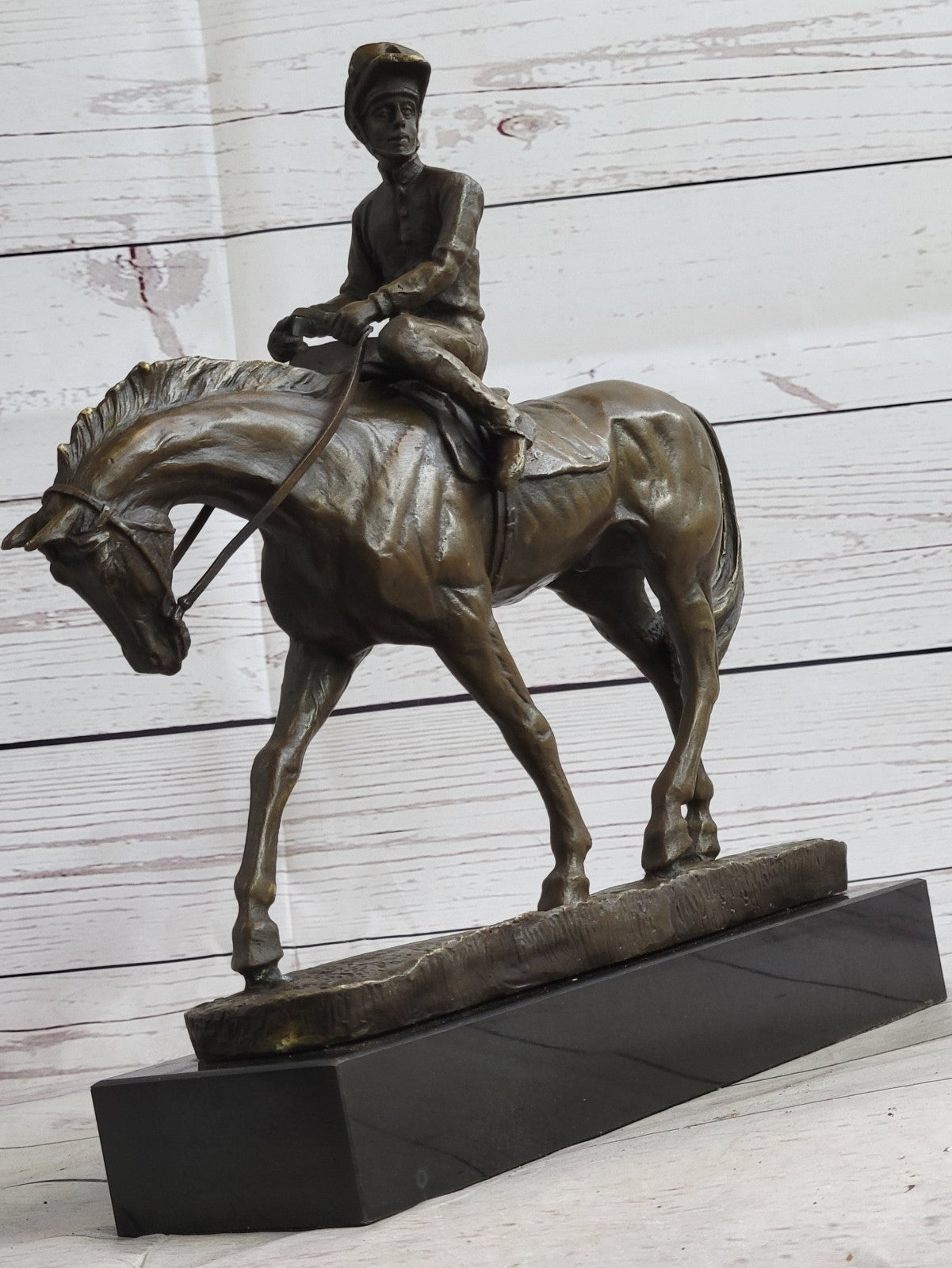 French Vintage Bronze Statue Sculpture Horse Jockey France circa 1970 Home Deco