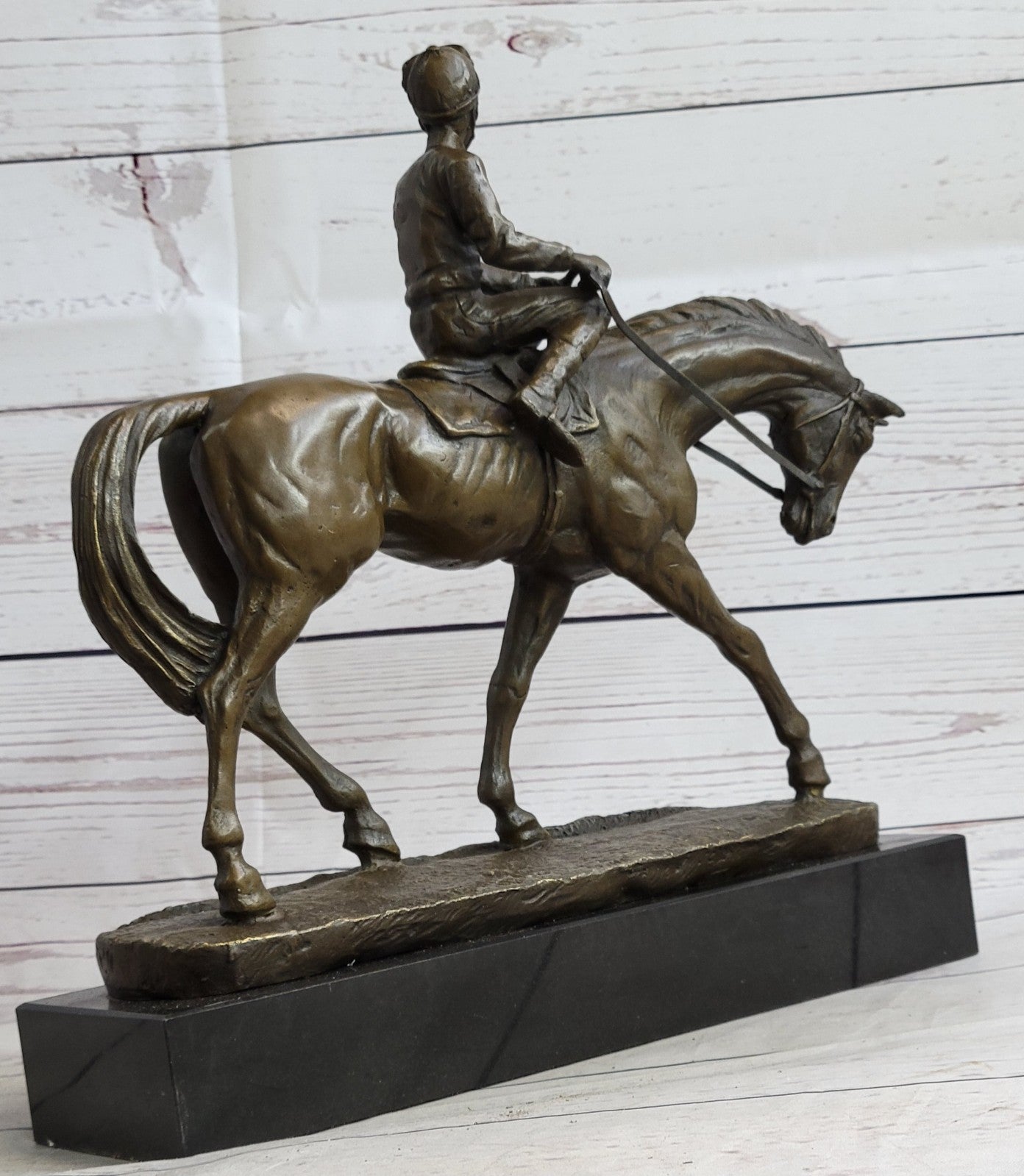 French Vintage Bronze Statue Sculpture Horse Jockey France circa 1970 Home Deco