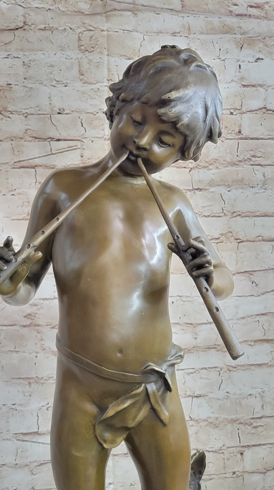 Hand Made Genuine Heavy Solid Bronze Boy playing Flute Bronze Sculpture Sale