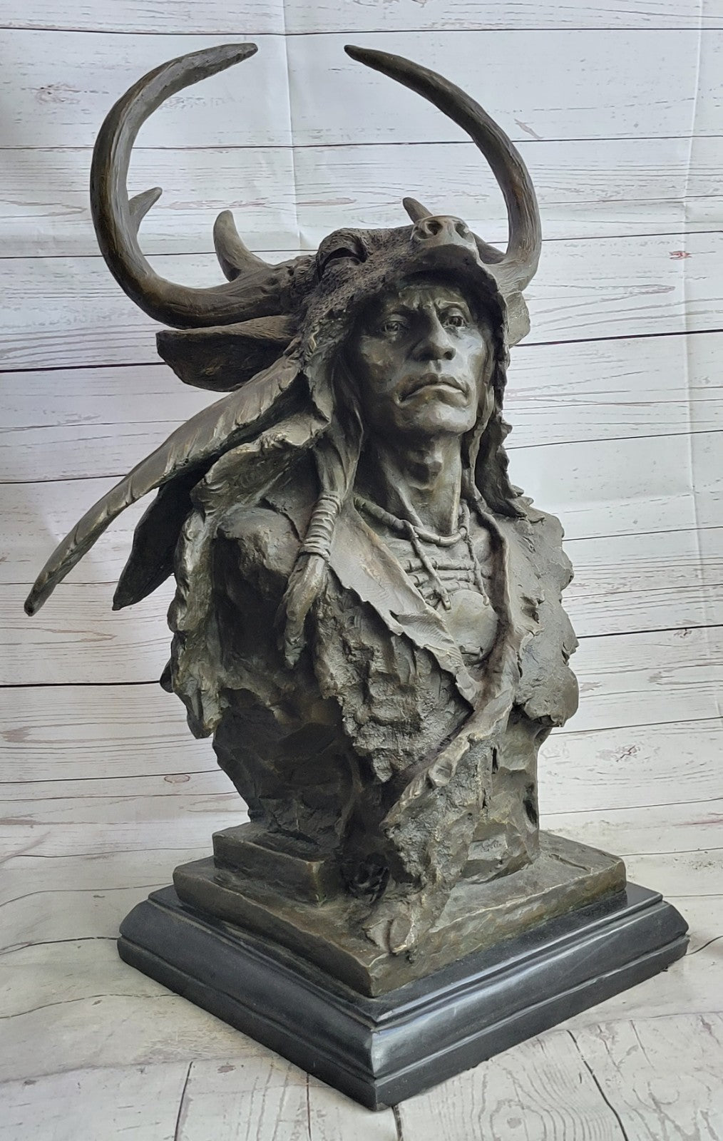 NATIVE AMERICAN INDIAN CHIEF GERONIMO BUST SPEAR BRONZE STATUE SCULPTURE SIGNED