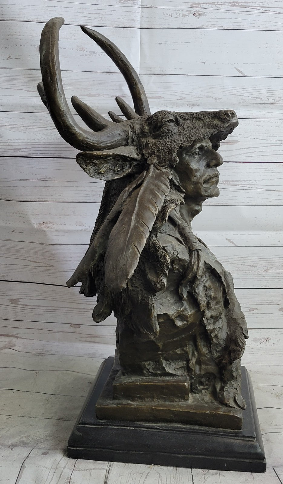 NATIVE AMERICAN INDIAN CHIEF GERONIMO BUST SPEAR BRONZE STATUE SCULPTURE SIGNED