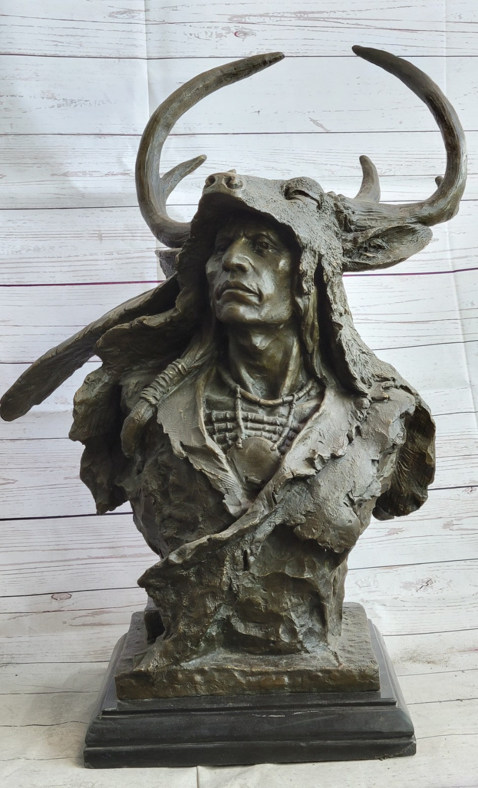 NATIVE AMERICAN INDIAN CHIEF GERONIMO BUST SPEAR BRONZE STATUE SCULPTURE SIGNED