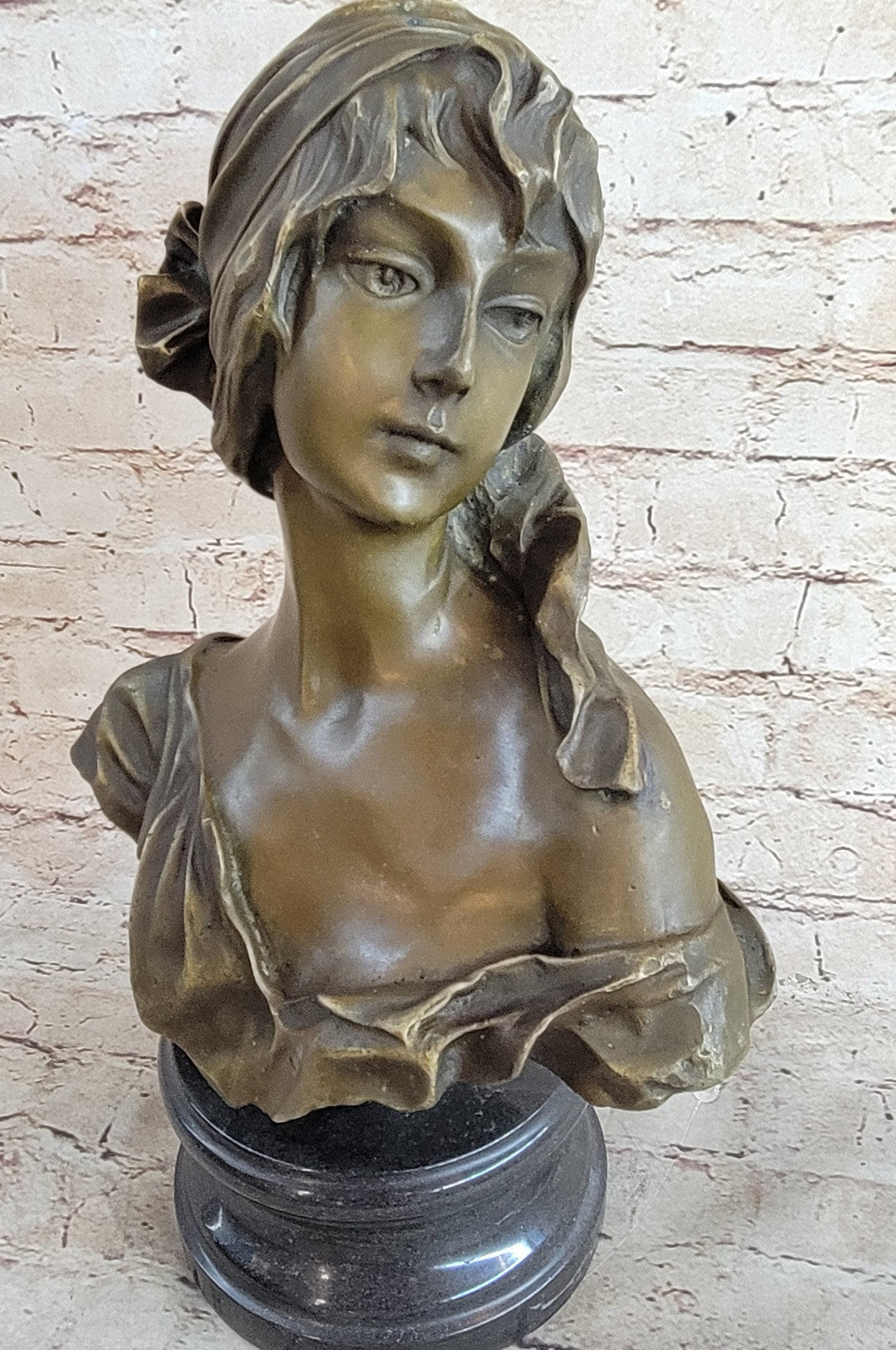 Vintage Handcrafted Female Bust Large Bronze Art Work Sculpture on Marble