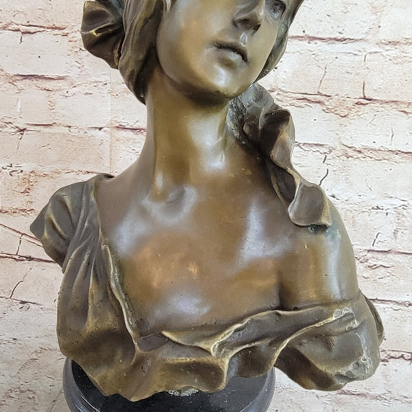 SIGNED BRONZE HANDCRAFTED CLASSIC SCULPTURE LADY BUST STATUETTE ON MARBLE  BASE