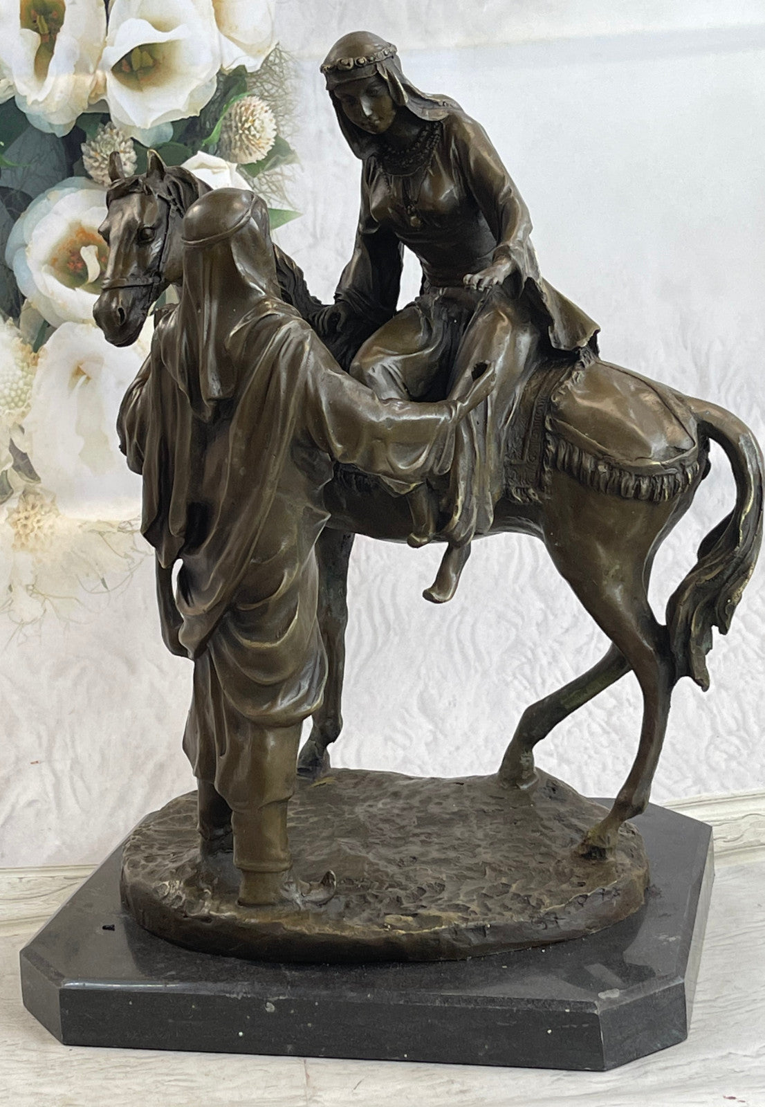 Handcrafted bronze sculpture SALE Bas Marble Wife His Helping Man Arabian Large